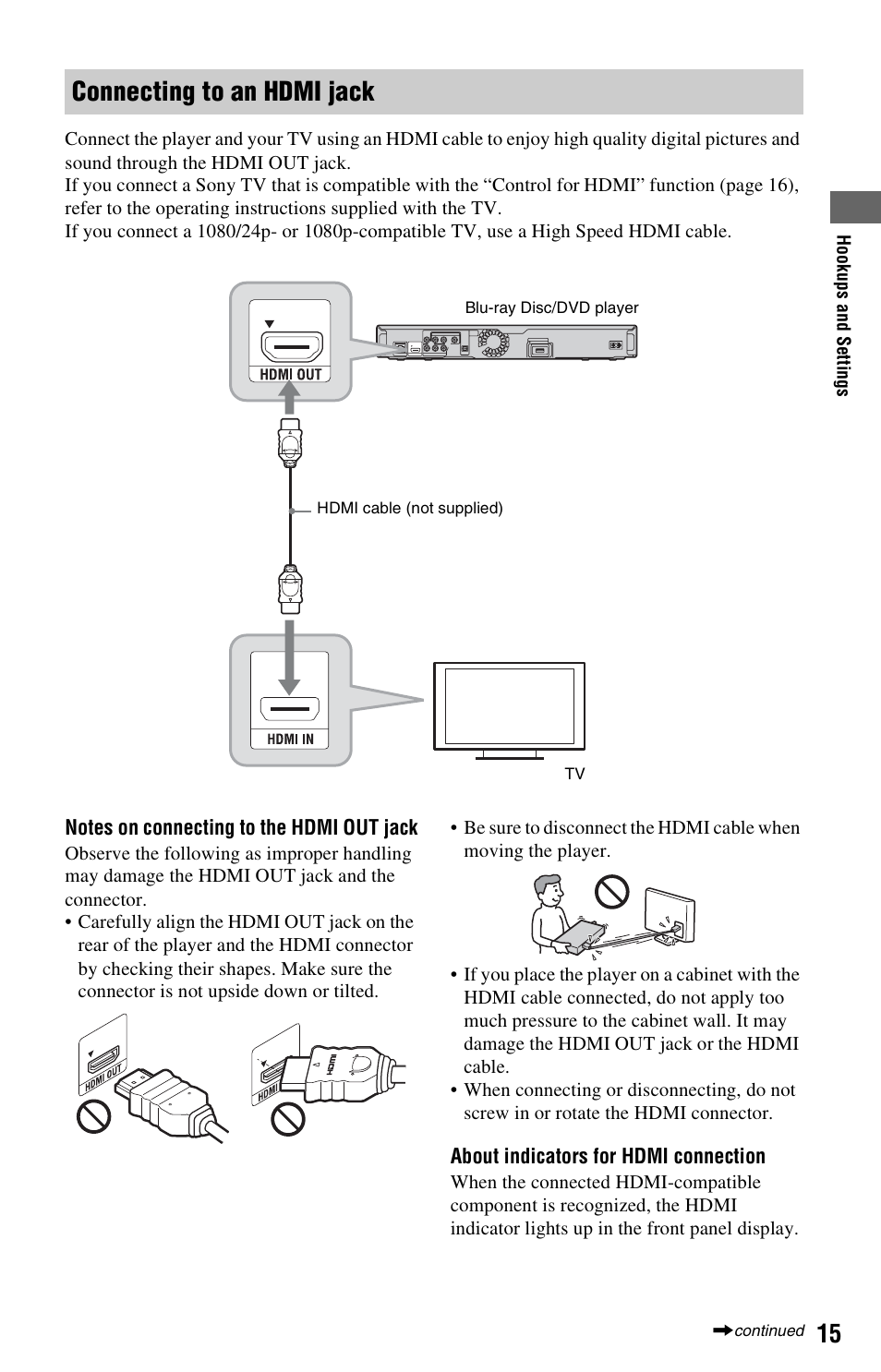 Connecting to an hdmi jack | Sony BDP-S360 User Manual | Page 15 / 79