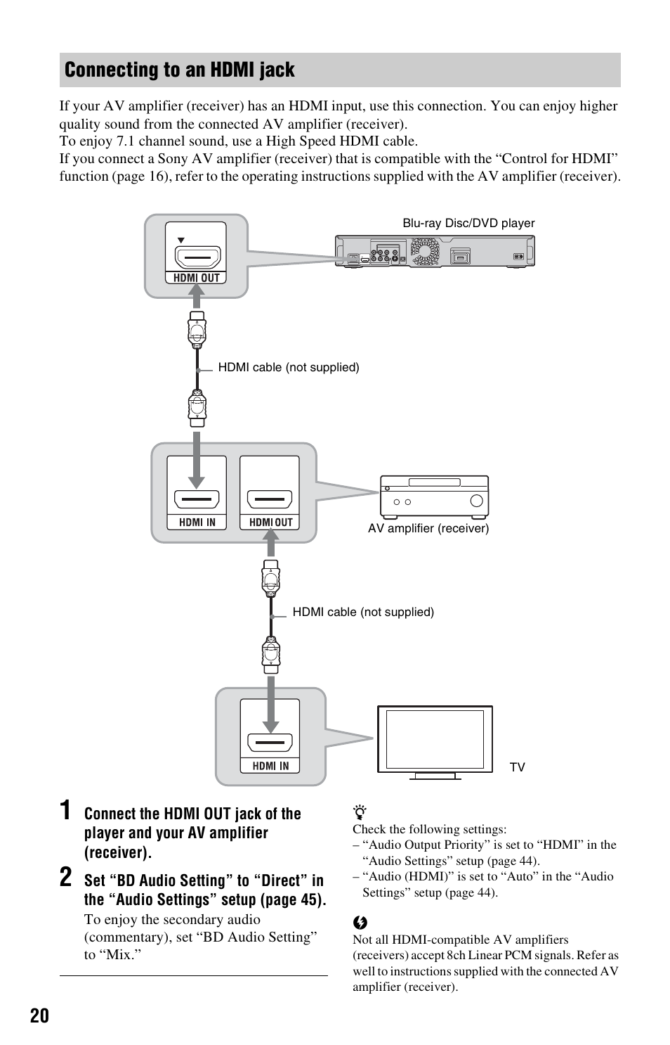 Connecting to an hdmi jack | Sony BDP-S360 User Manual | Page 20 / 79