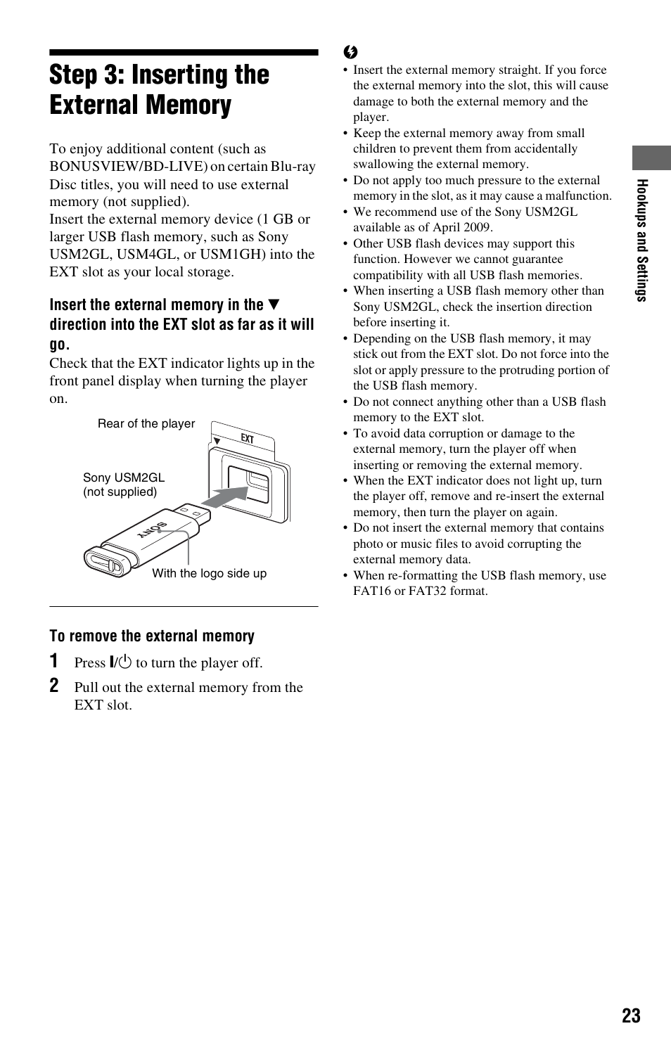 Step 3: inserting the external memory | Sony BDP-S360 User Manual | Page 23 / 79