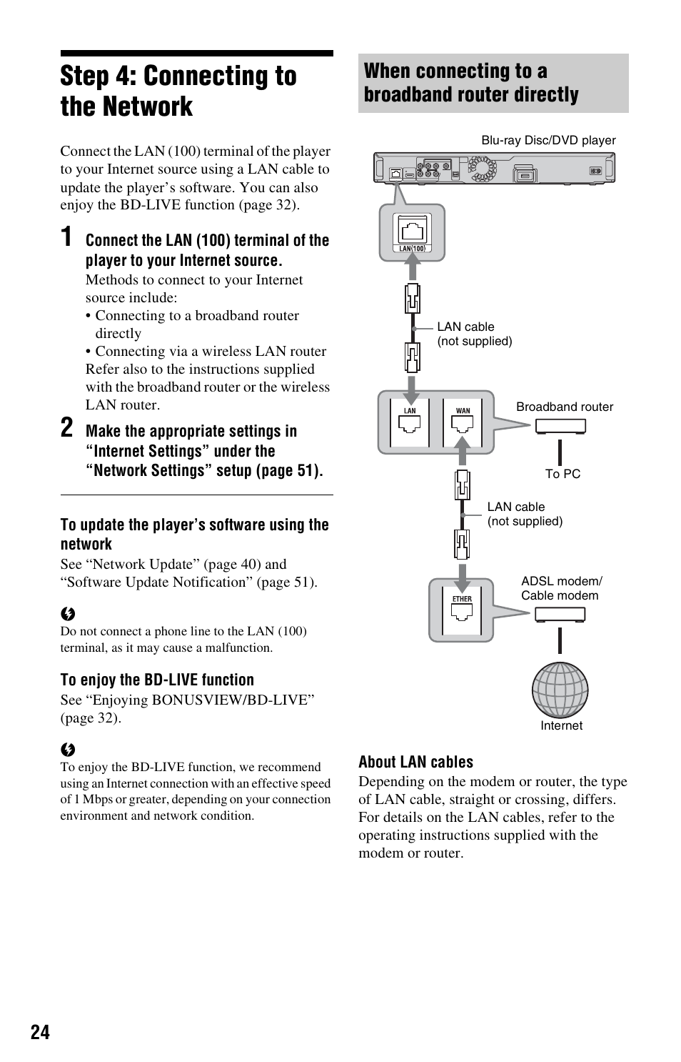 Step 4: connecting to the network, When connecting to a broadband router directly | Sony BDP-S360 User Manual | Page 24 / 79