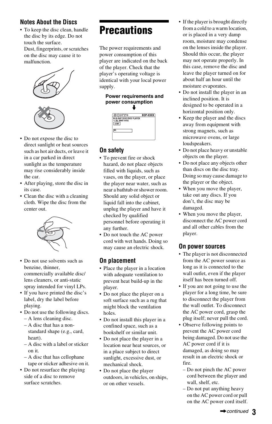 Precautions | Sony BDP-S360 User Manual | Page 3 / 79