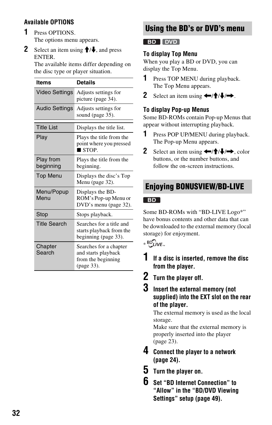 Using the bd’s or dvd’s menu, Enjoying bonusview/bd-live | Sony BDP-S360 User Manual | Page 32 / 79