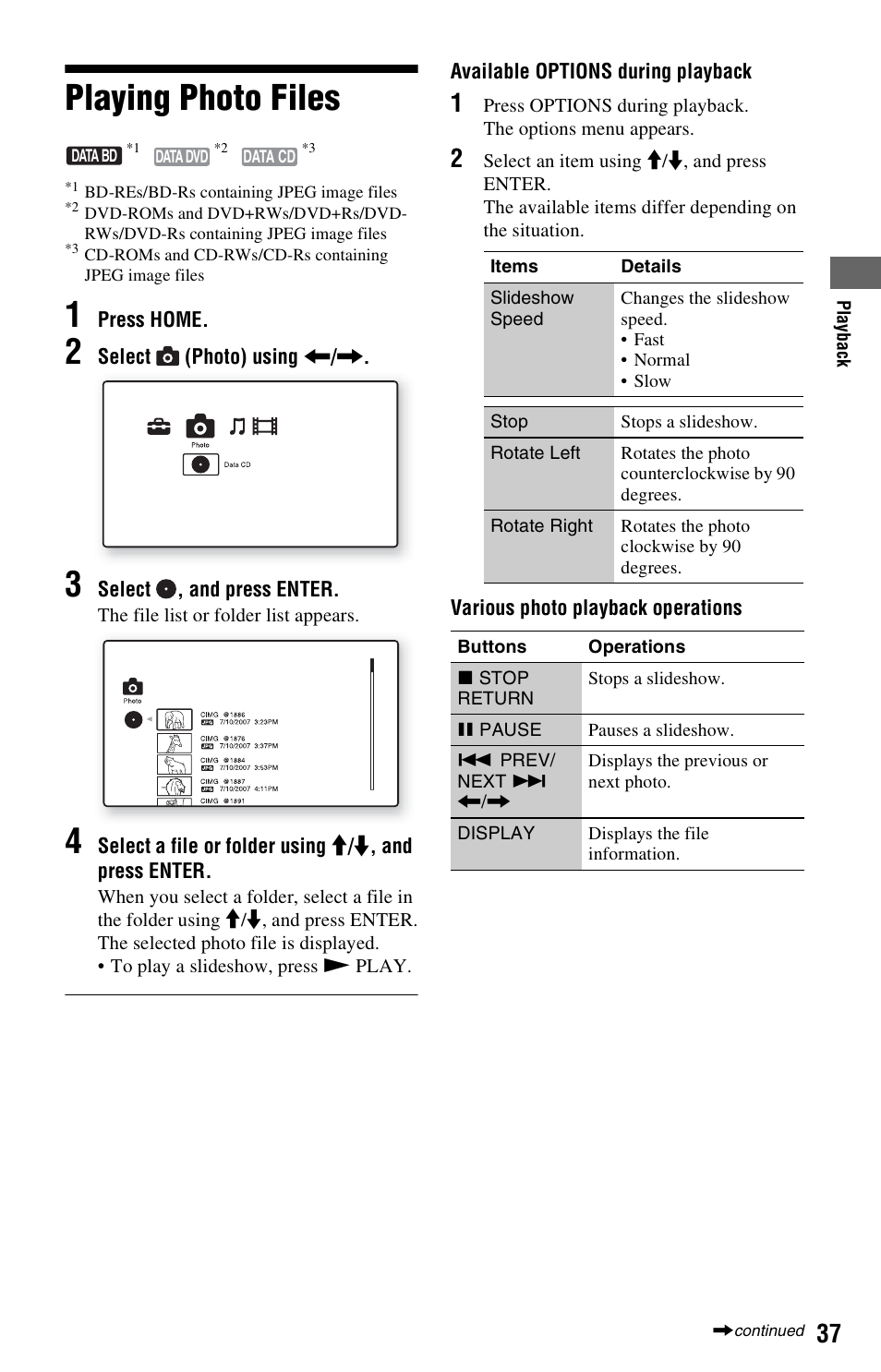 Playing photo files | Sony BDP-S360 User Manual | Page 37 / 79