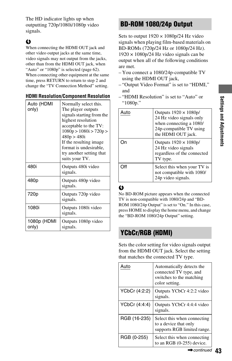 Ge 43, Ycbcr/rgb (hdmi) | Sony BDP-S360 User Manual | Page 43 / 79