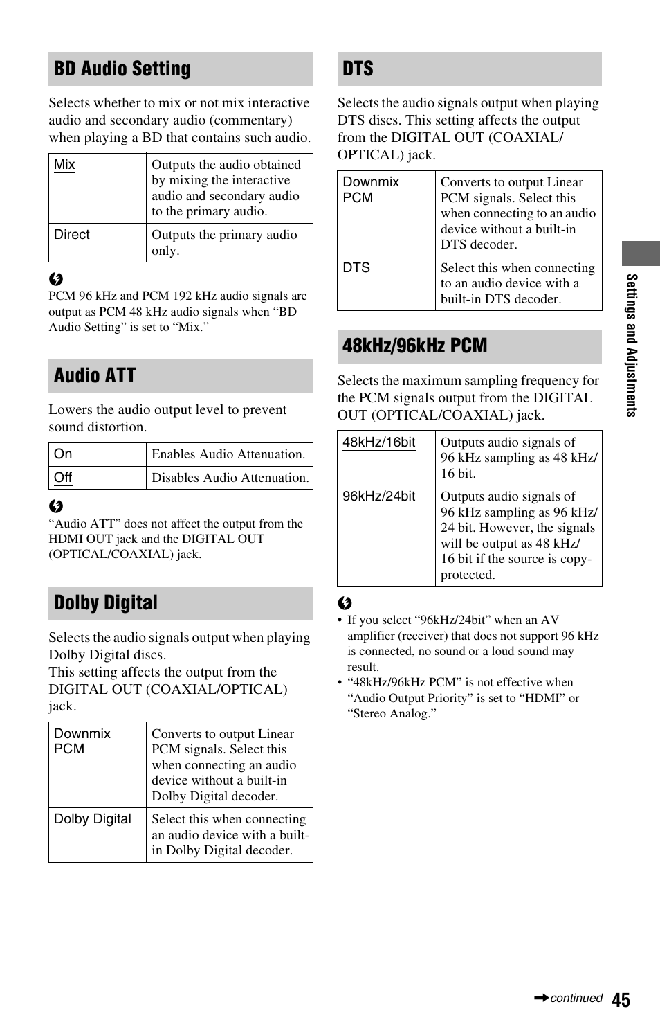 Bd audio setting, Audio att, Dolby digital | 48khz/96khz pcm | Sony BDP-S360 User Manual | Page 45 / 79