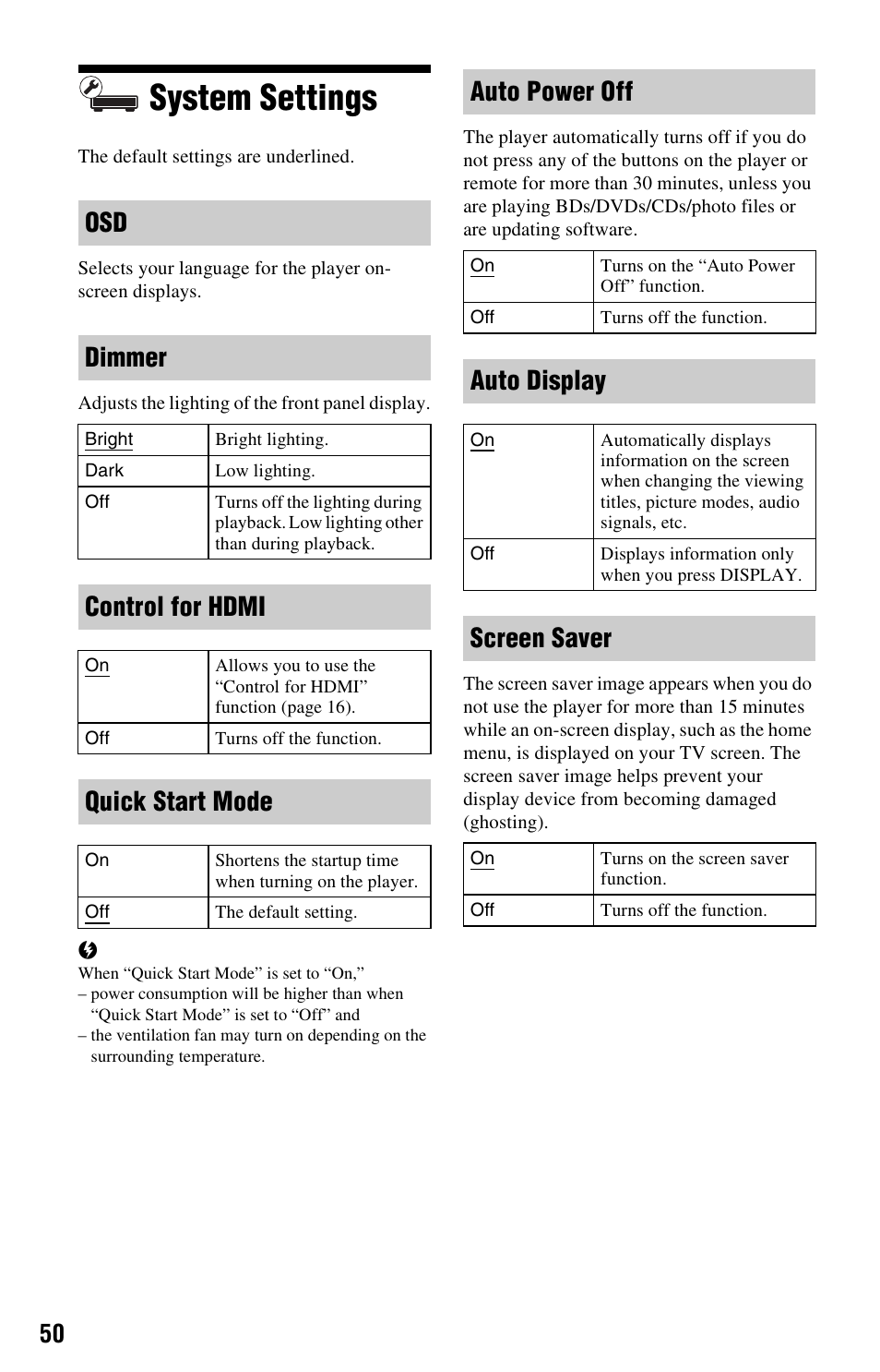 System settings, Osd dimmer, Control for hdmi | Quick start mode, Auto power off, Auto display, Screen saver | Sony BDP-S360 User Manual | Page 50 / 79
