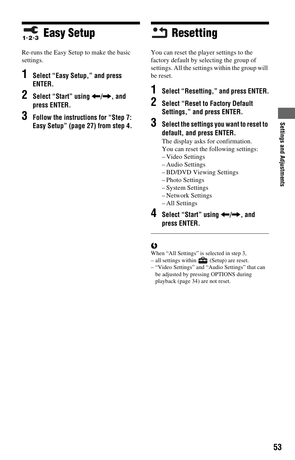 Easy setup, Resetting, Easy setup resetting | Sony BDP-S360 User Manual | Page 53 / 79