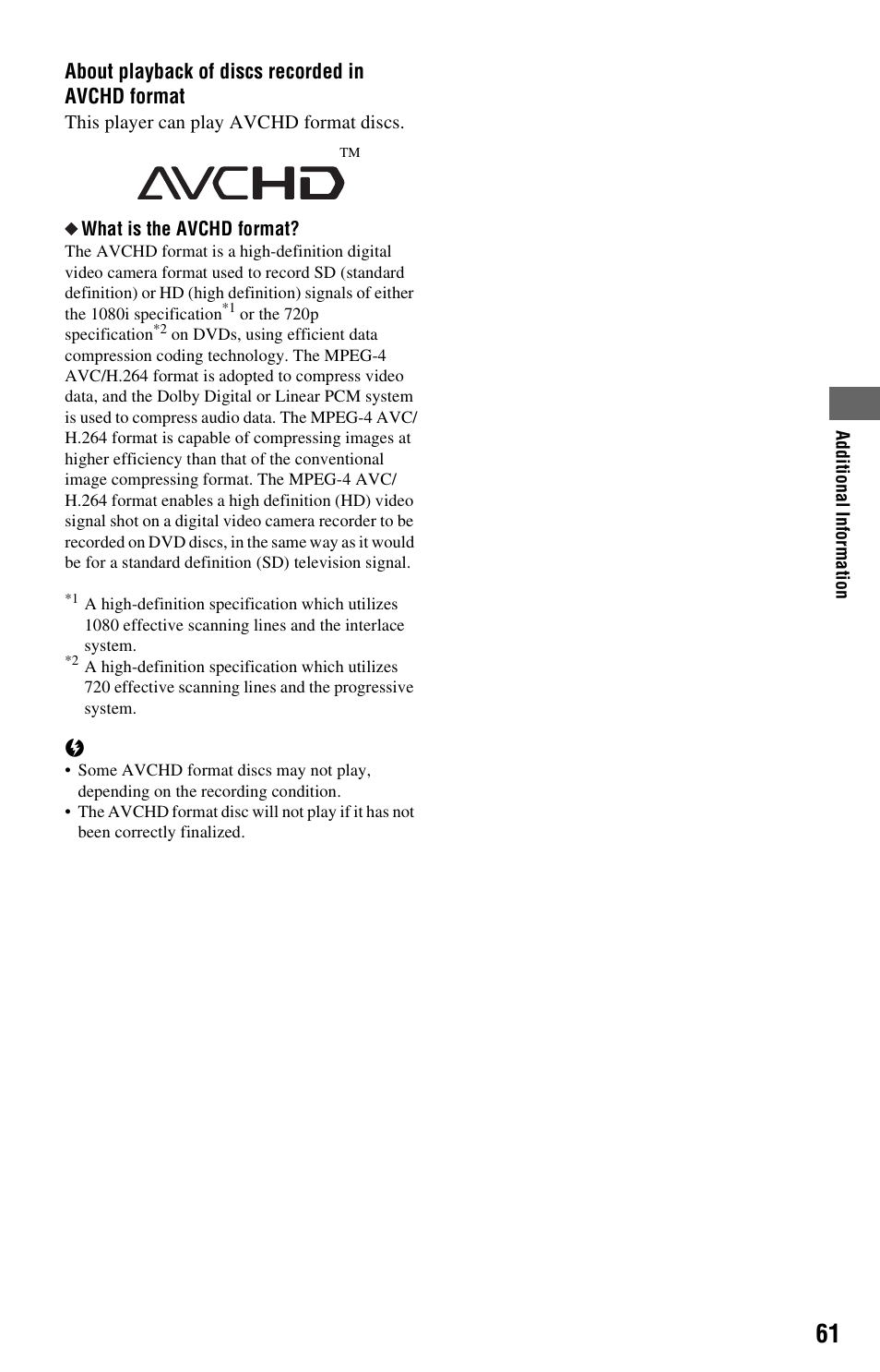 About playback of discs recorded in avchd format | Sony BDP-S360 User Manual | Page 61 / 79