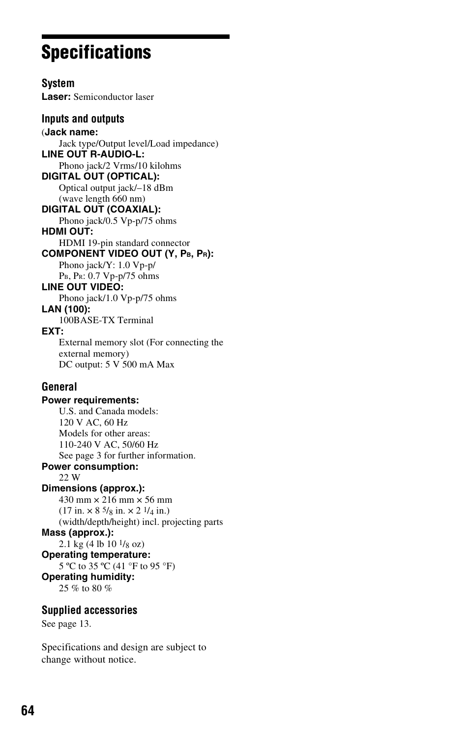 Specifications | Sony BDP-S360 User Manual | Page 64 / 79