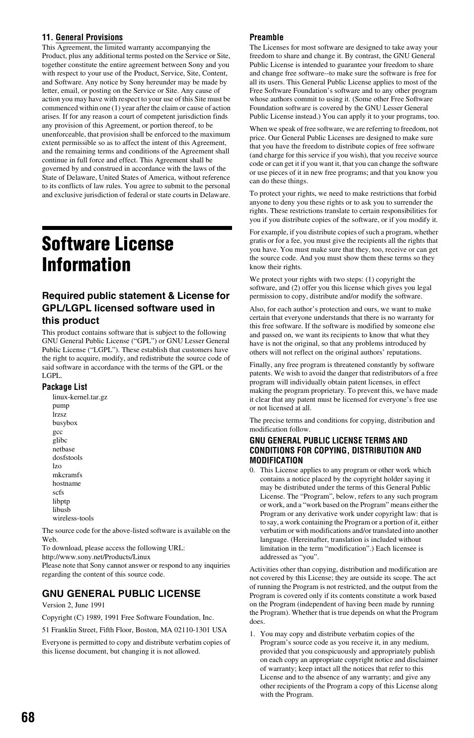 Software license information | Sony BDP-S360 User Manual | Page 68 / 79