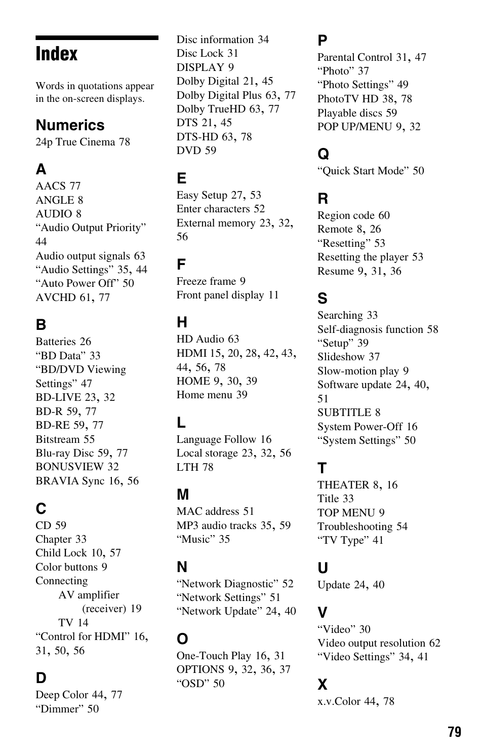 Index, Numerics | Sony BDP-S360 User Manual | Page 79 / 79