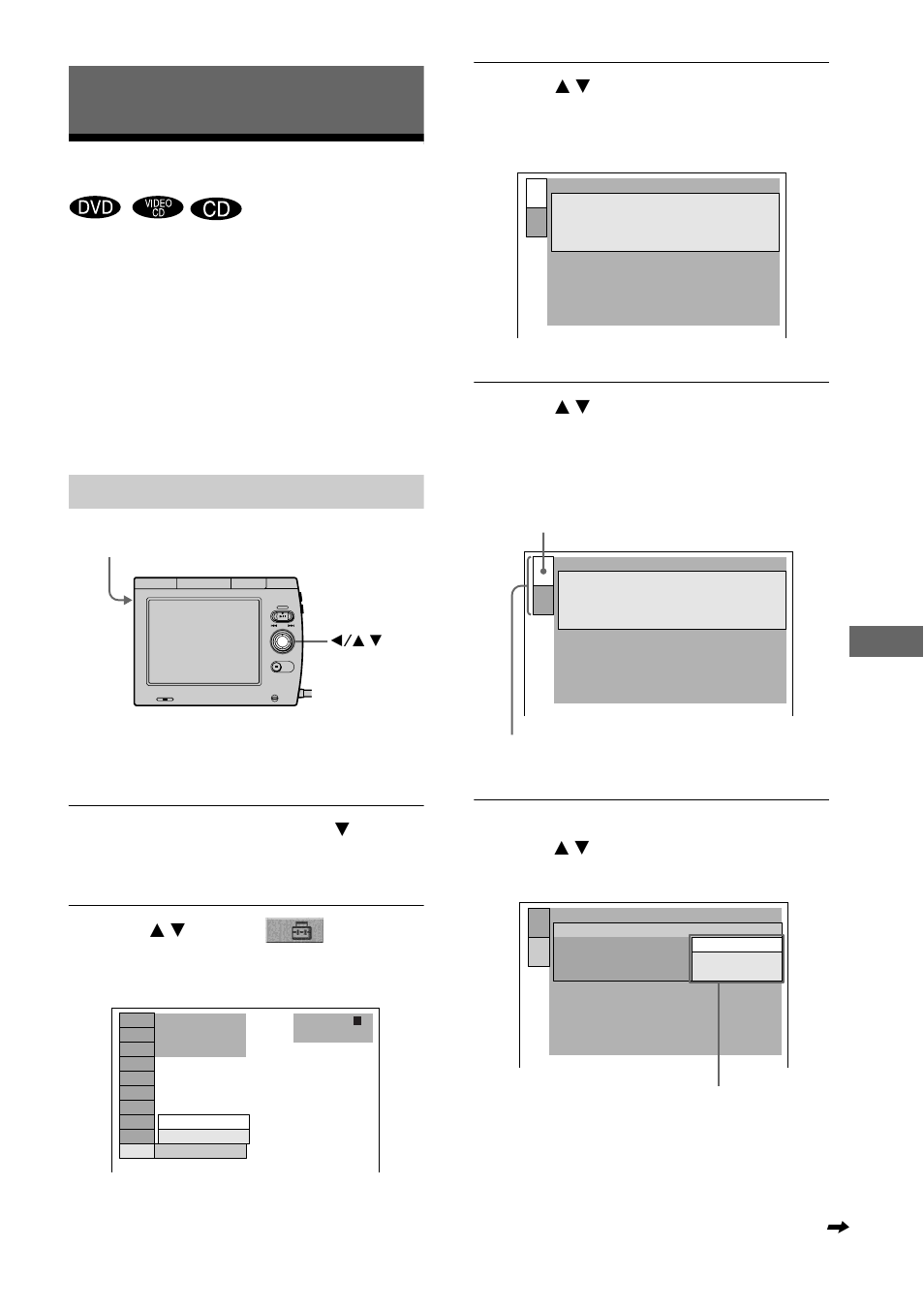 Settings, Using the setup display, E 63) | 63 fo, Se ttings, How to use the setup display | Sony D-VM1 User Manual | Page 63 / 80