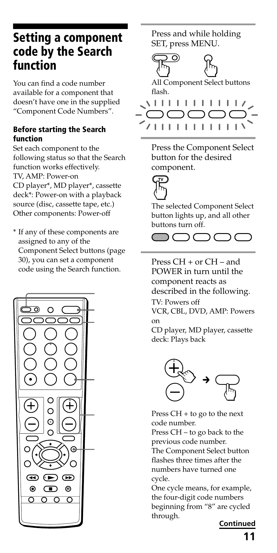 Setting a component code by the search function | Sony RM-VL710 User Manual | Page 11 / 44