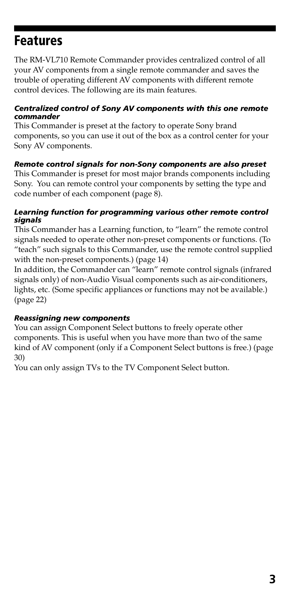 Features | Sony RM-VL710 User Manual | Page 3 / 44