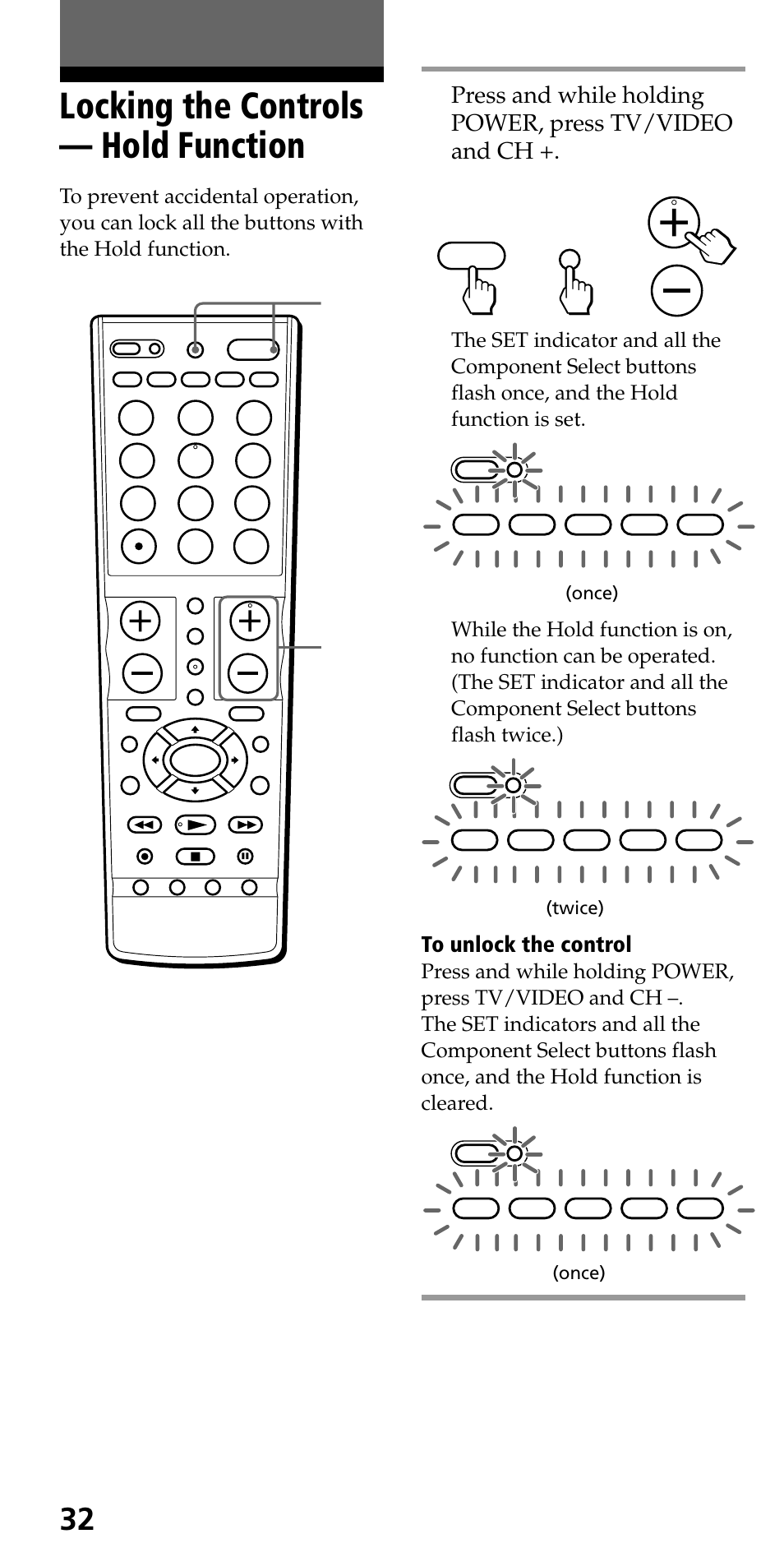 Using other functions, Locking the controls — hold function | Sony RM-VL710 User Manual | Page 32 / 44