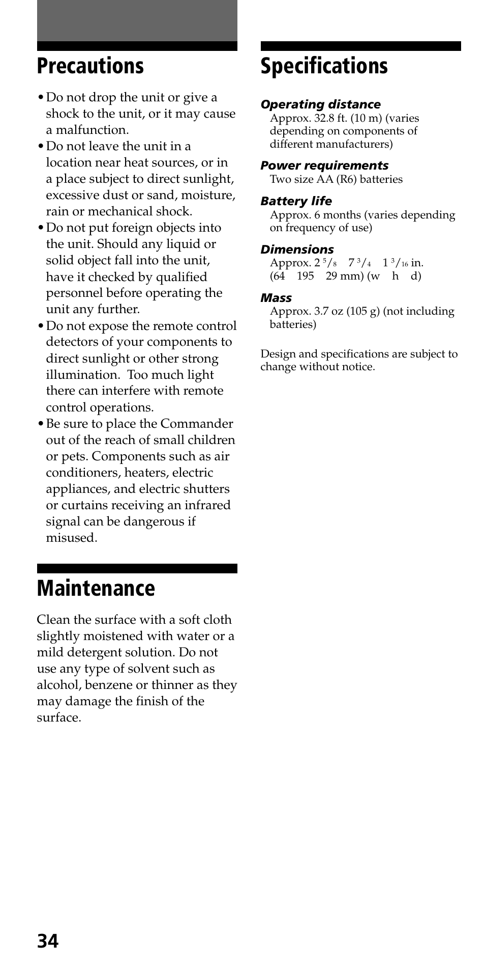 Additional information, Precautions, Maintenance | Specifications | Sony RM-VL710 User Manual | Page 34 / 44