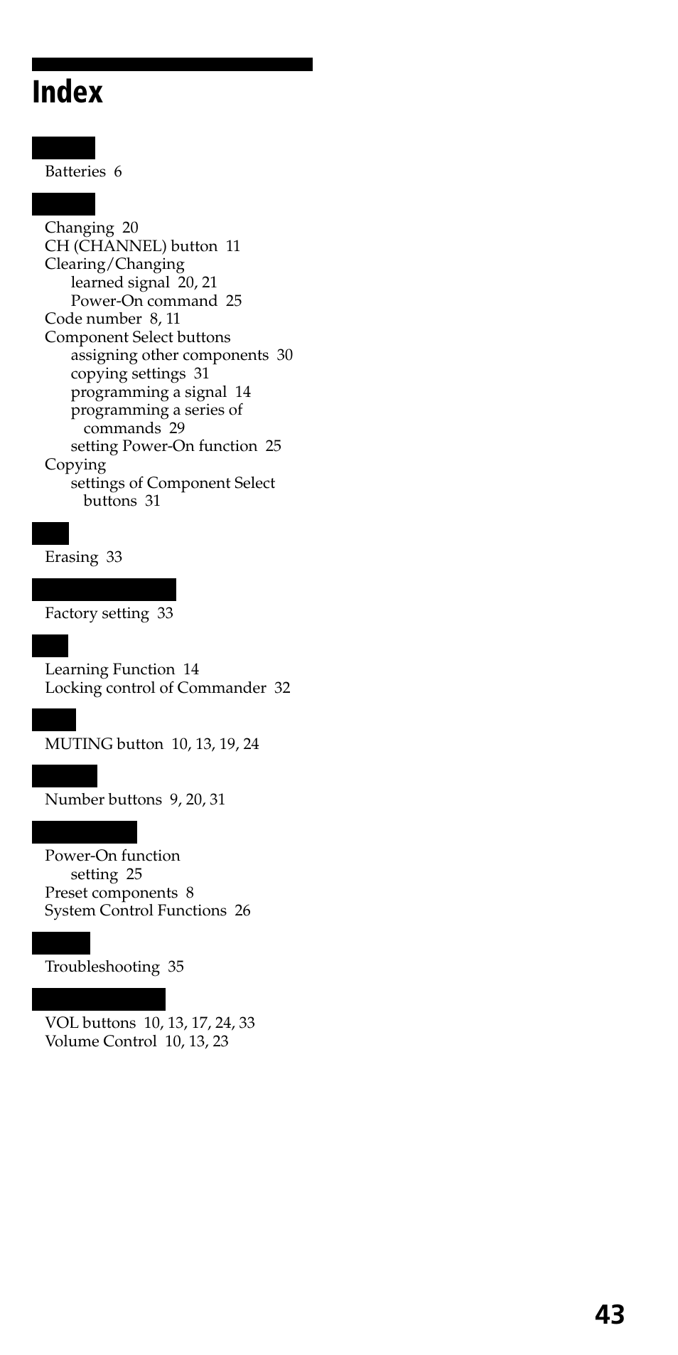 Index | Sony RM-VL710 User Manual | Page 43 / 44