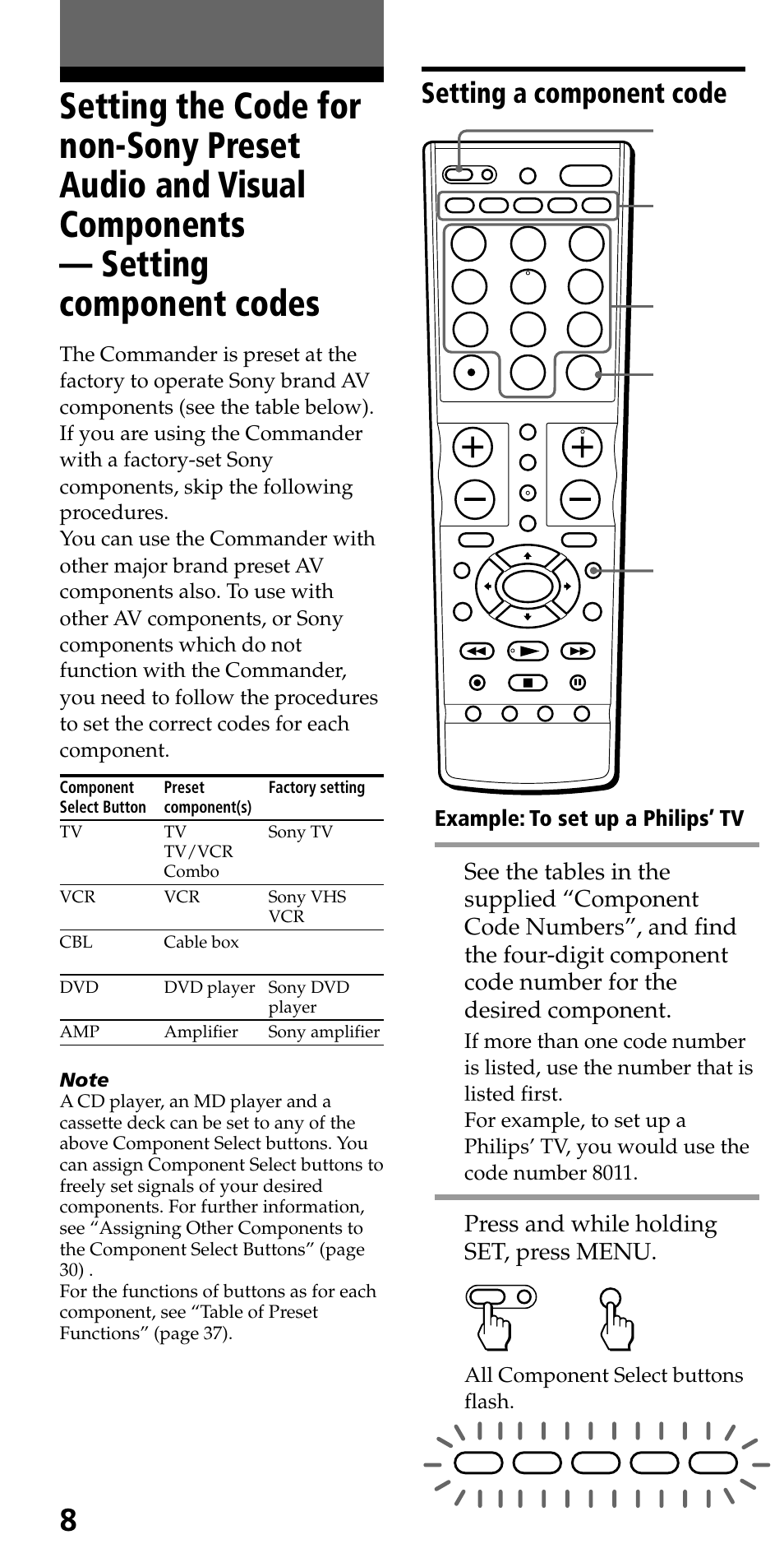 Basic operations, Setting a component code | Sony RM-VL710 User Manual | Page 8 / 44