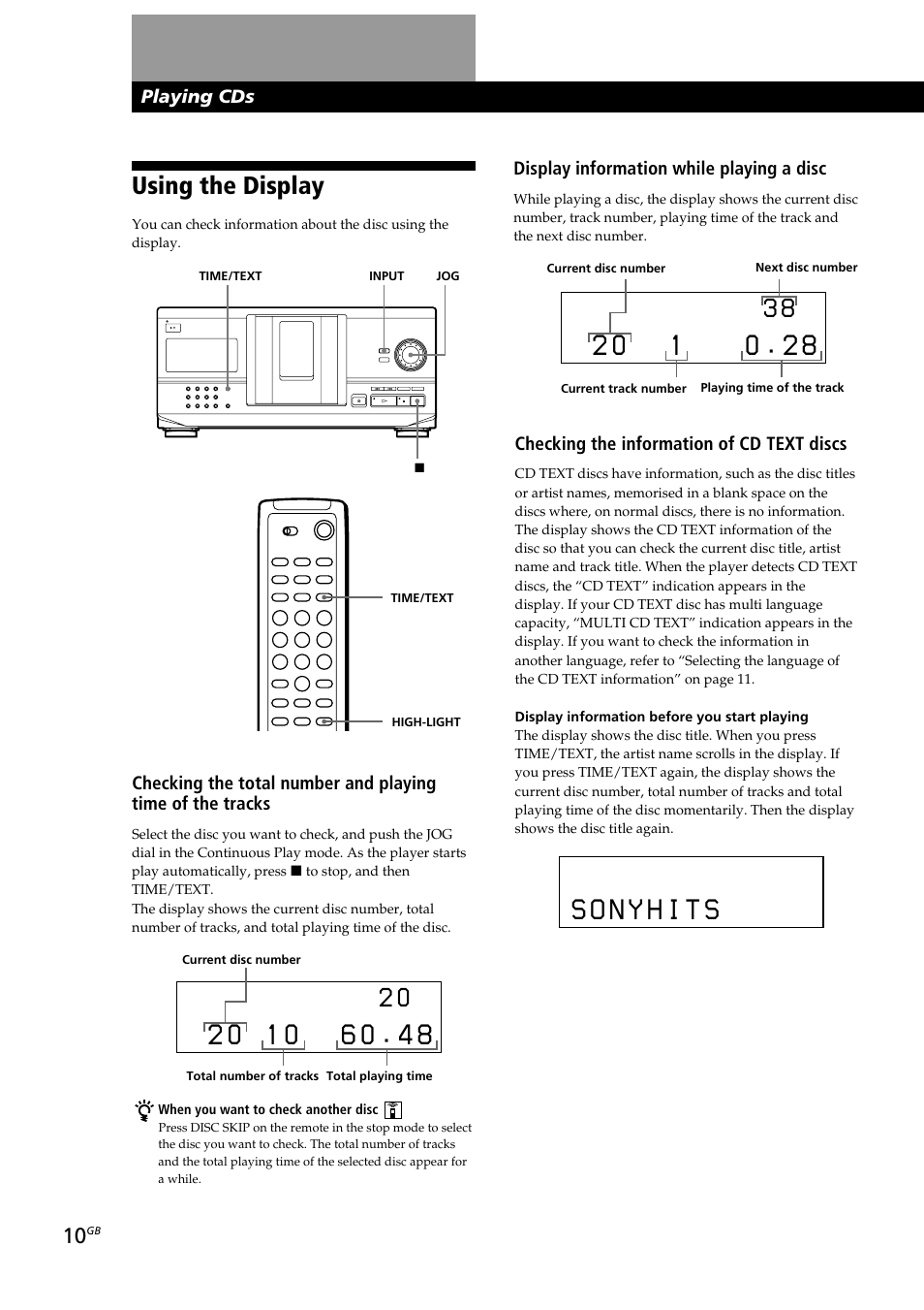 Using the display, Playing cds, Display information while playing a disc | Checking the information of cd text discs | Sony CDP-CX230 User Manual | Page 10 / 80