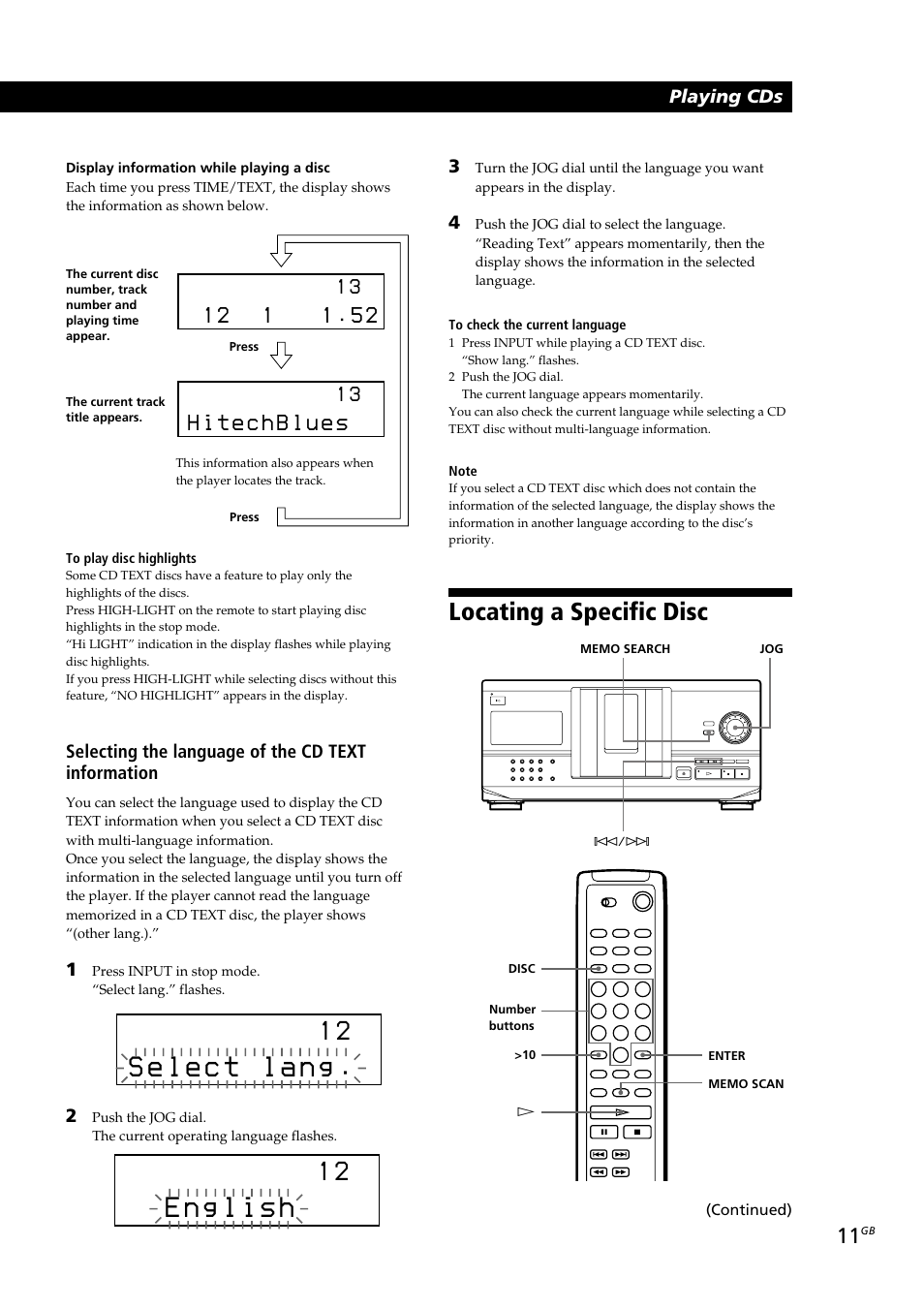 Locating a specific disc, Playing cds getting started playing cds, Selecting the language of the cd text information | Sony CDP-CX230 User Manual | Page 11 / 80