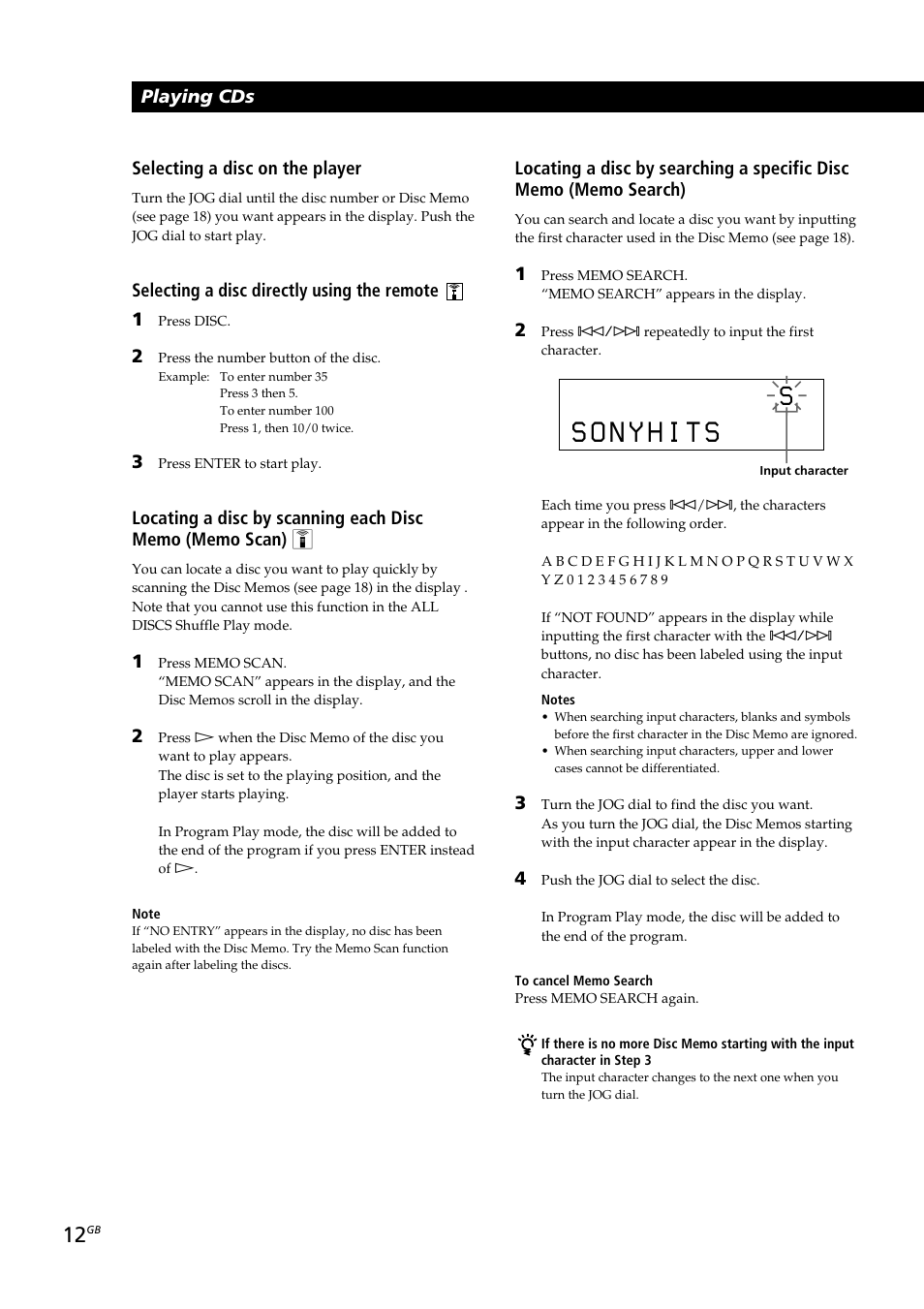 Playing cds, Selecting a disc on the player, Selecting a disc directly using the remote 1 | Sony CDP-CX230 User Manual | Page 12 / 80