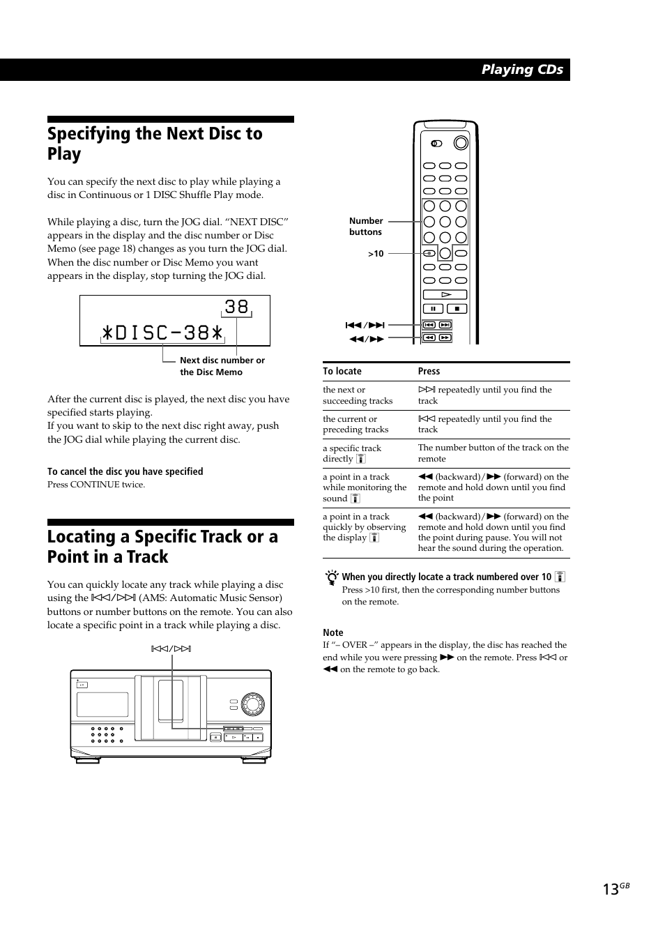 Locating a specific track or a point in a track, Specifying the next disc to play, Playing cds getting started playing cds | Sony CDP-CX230 User Manual | Page 13 / 80