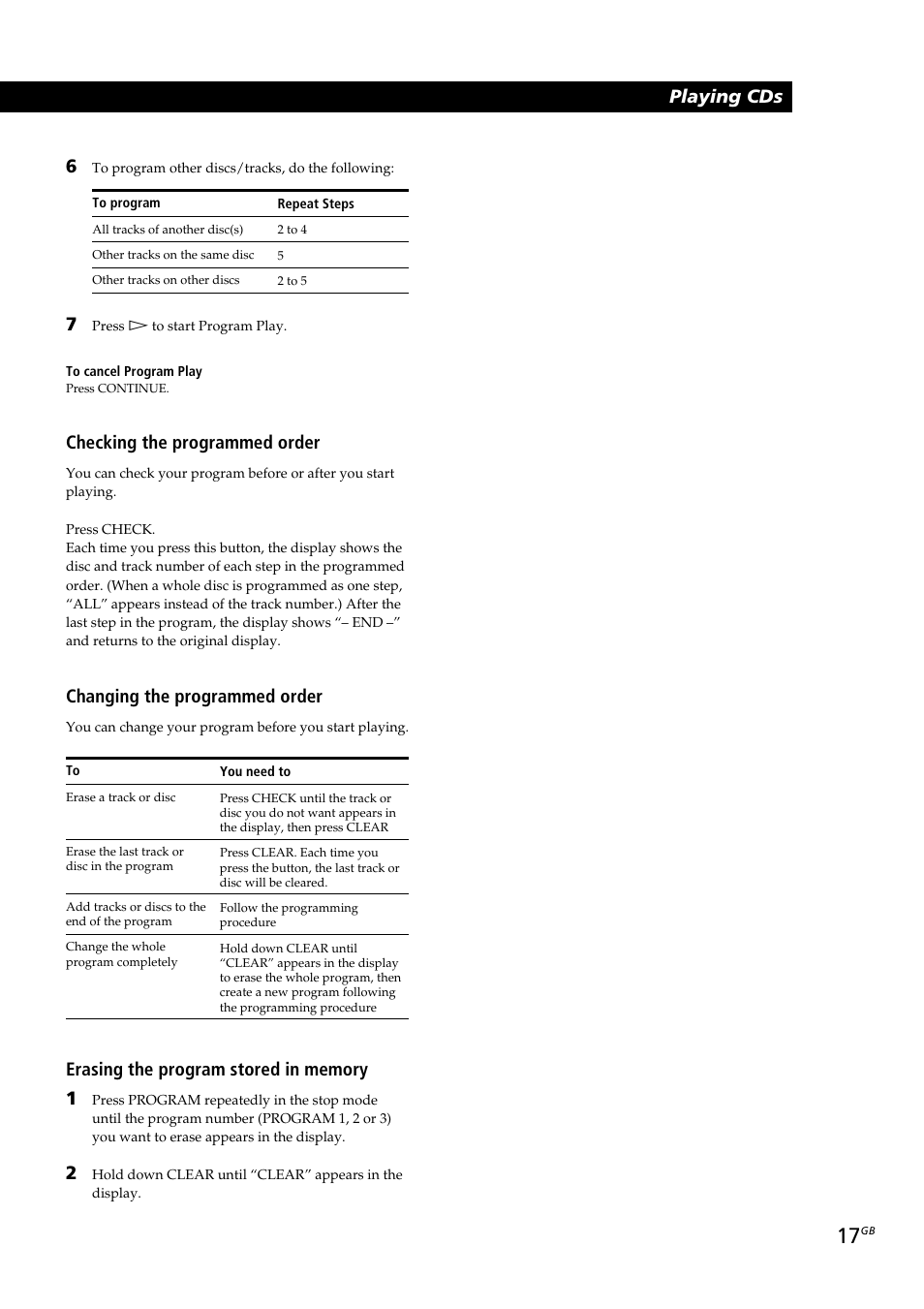 Playing cds getting started playing cds, Changing the programmed order, Checking the programmed order | Sony CDP-CX230 User Manual | Page 17 / 80