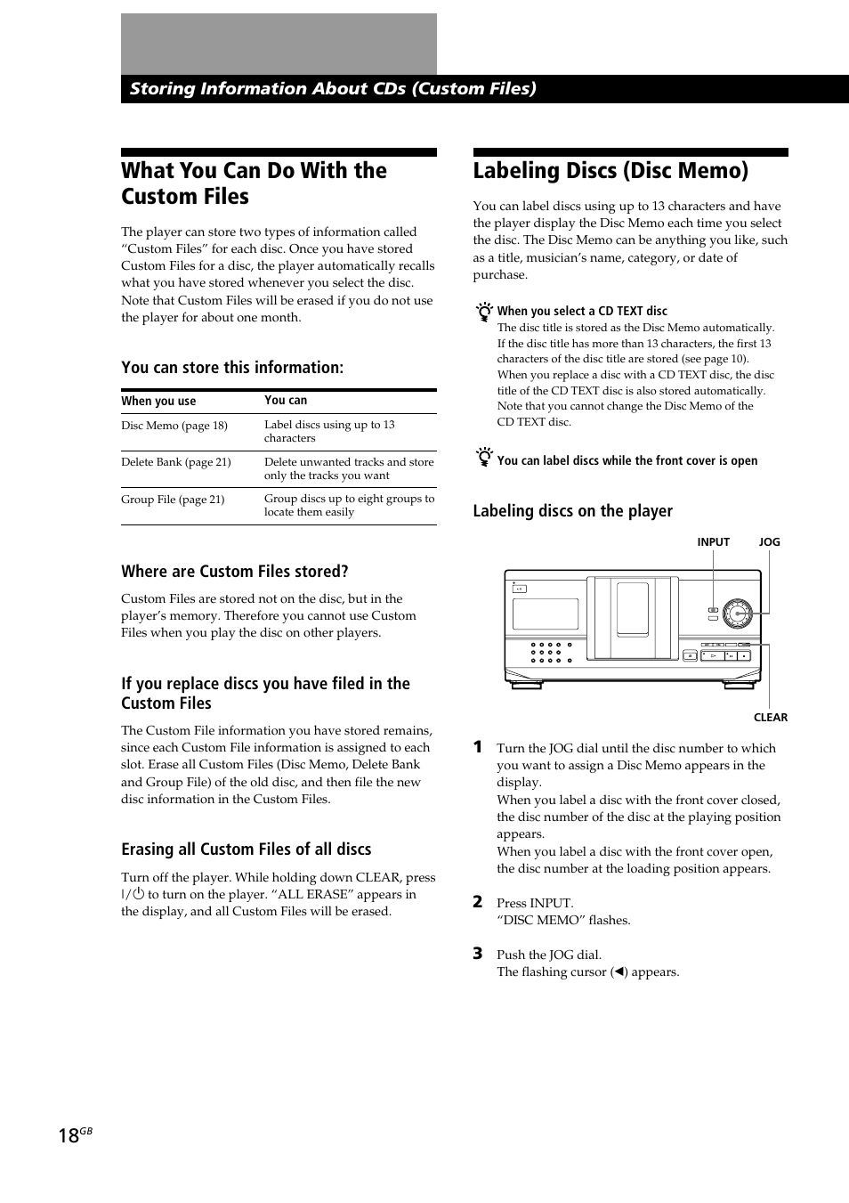 What you can do with the custom files, Storing information about cds (custom files), You can store this information | Labeling discs on the player, Where are custom files stored, Erasing all custom files of all discs | Sony CDP-CX230 User Manual | Page 18 / 80