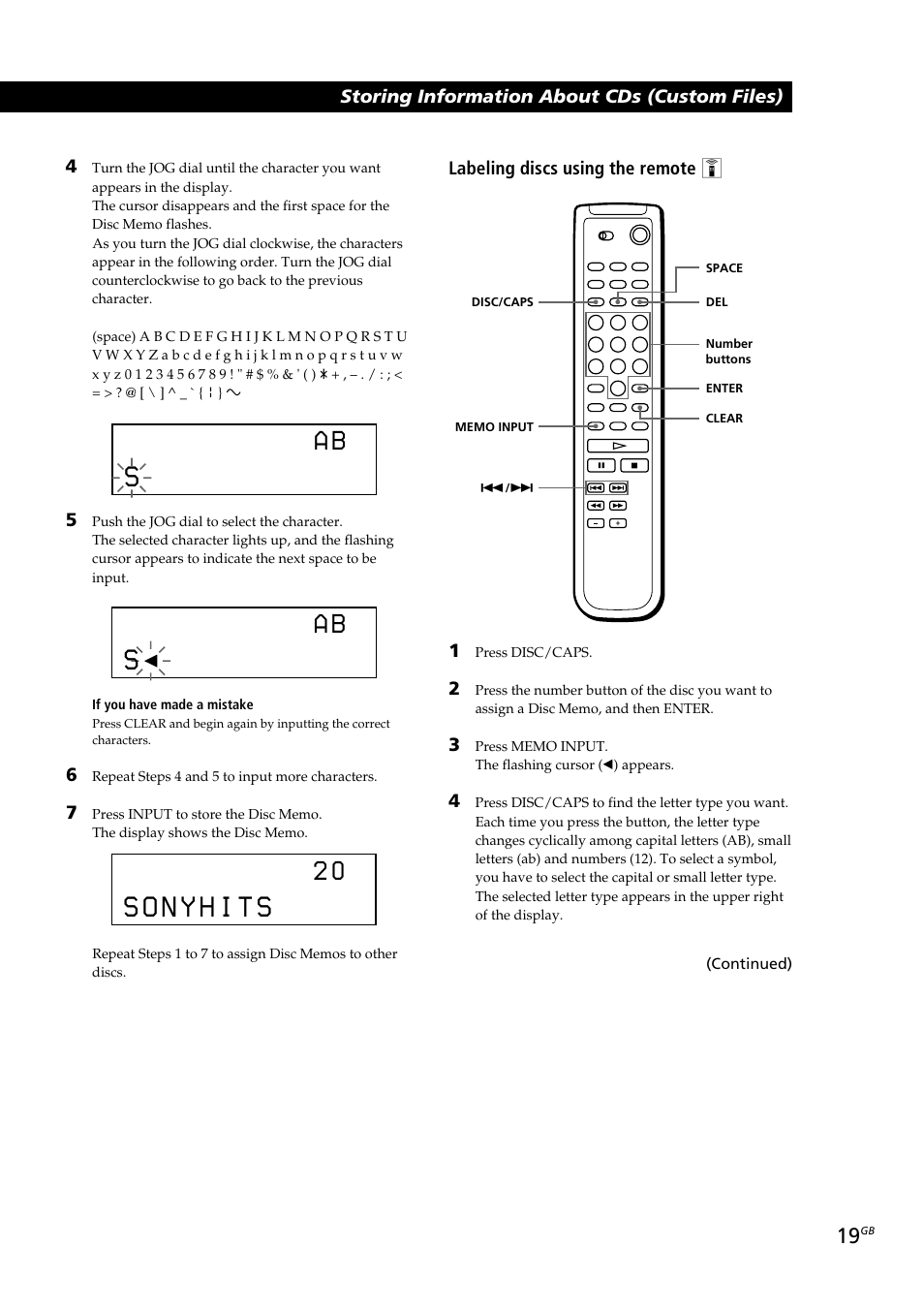 Storing information about cds (custom files), Labeling discs using the remote z 1 | Sony CDP-CX230 User Manual | Page 19 / 80