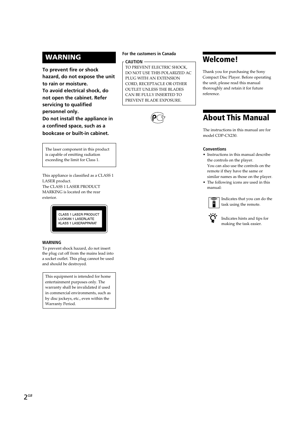 Welcome, About this manual, Warning | Sony CDP-CX230 User Manual | Page 2 / 80