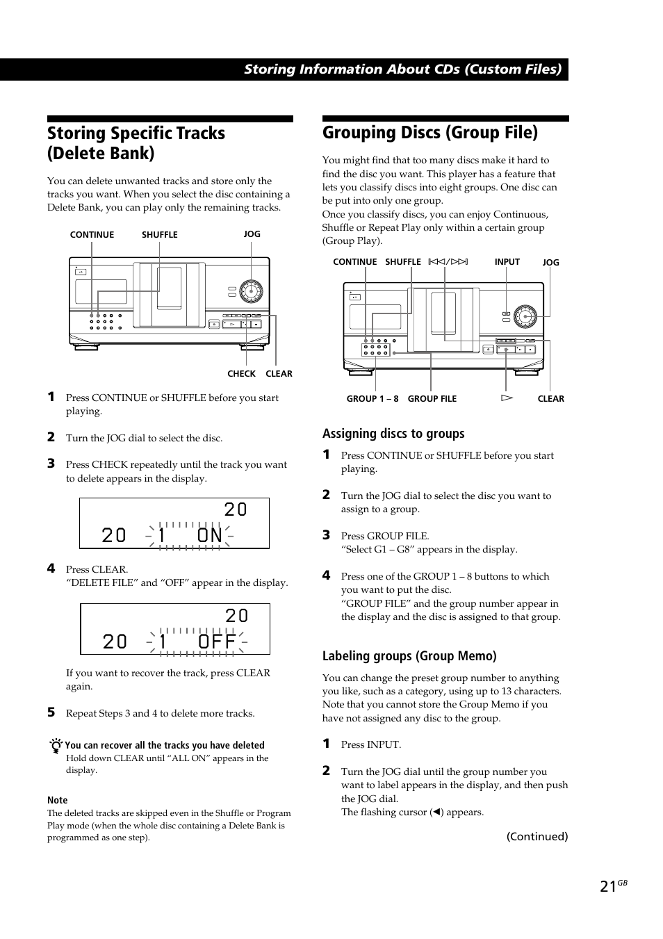 2 0 1 o n, 2 0 1 o f f, Storing specific tracks (delete bank) | Grouping discs (group file) | Sony CDP-CX230 User Manual | Page 21 / 80