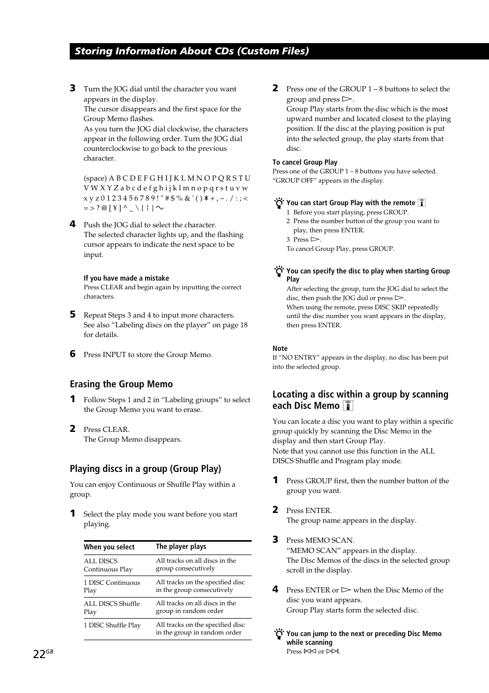 Storing information about cds (custom files), Playing discs in a group (group play) | Sony CDP-CX230 User Manual | Page 22 / 80