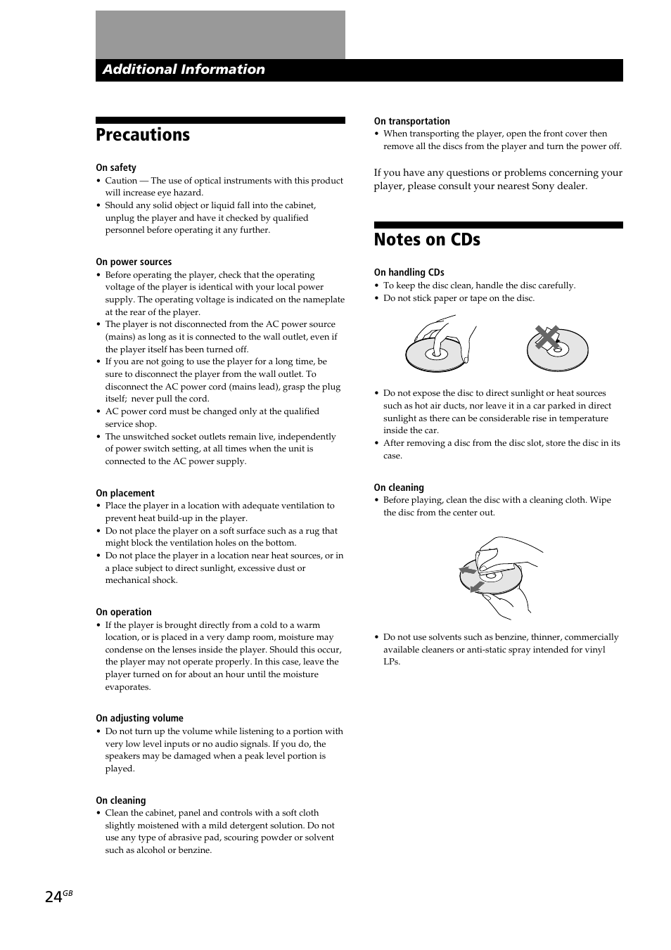 Precautions, Additional information | Sony CDP-CX230 User Manual | Page 24 / 80