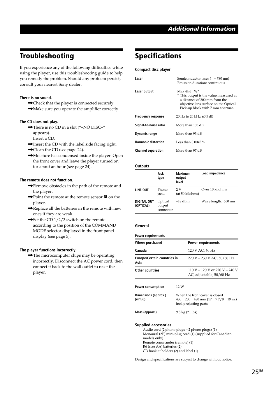 Specifications, Troubleshooting | Sony CDP-CX230 User Manual | Page 25 / 80