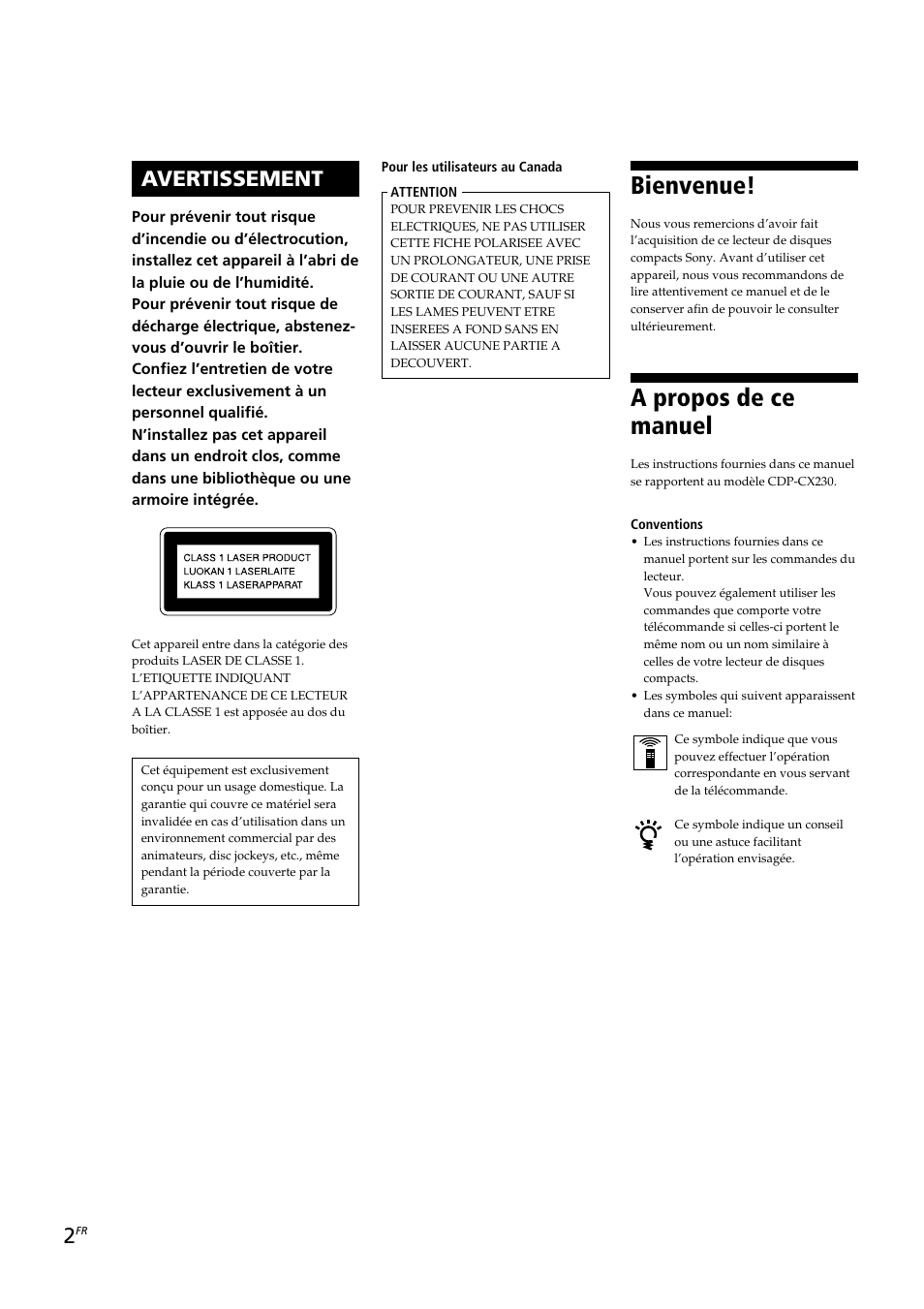 Bienvenue, A propos de ce manuel, Avertissement | Sony CDP-CX230 User Manual | Page 28 / 80