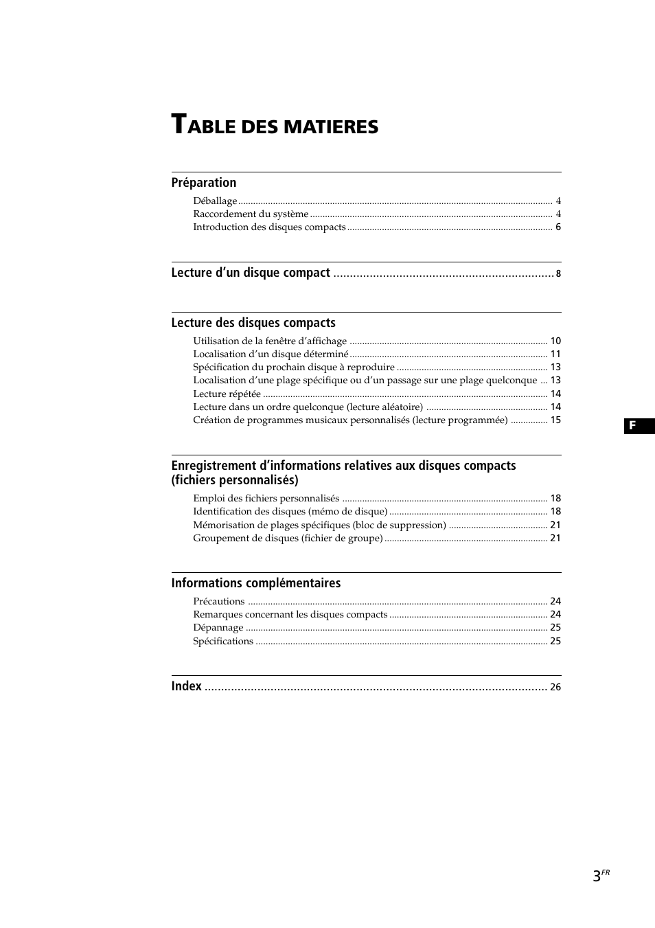 Able des matieres | Sony CDP-CX230 User Manual | Page 29 / 80