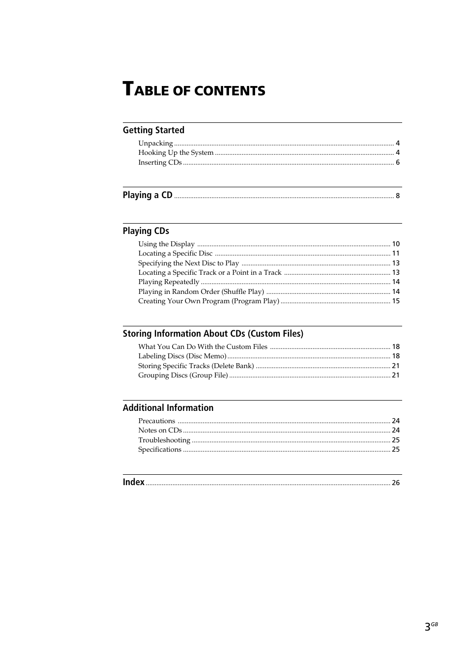 Able of contents | Sony CDP-CX230 User Manual | Page 3 / 80