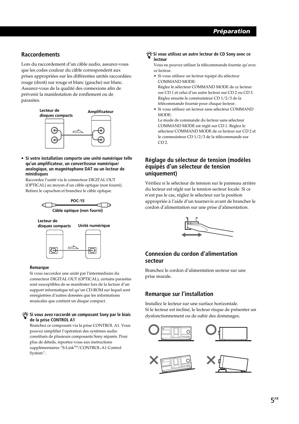 Préparation, Raccordements, Connexion du cordon d’alimentation secteur | Remarque sur l’installation | Sony CDP-CX230 User Manual | Page 31 / 80
