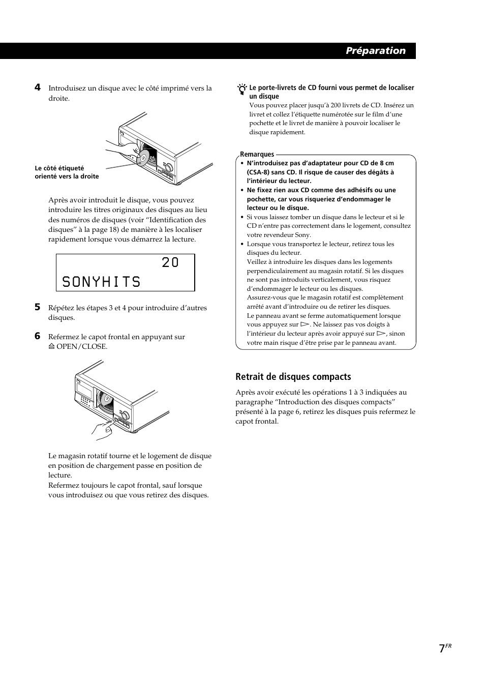 Préparation, Retrait de disques compacts | Sony CDP-CX230 User Manual | Page 33 / 80