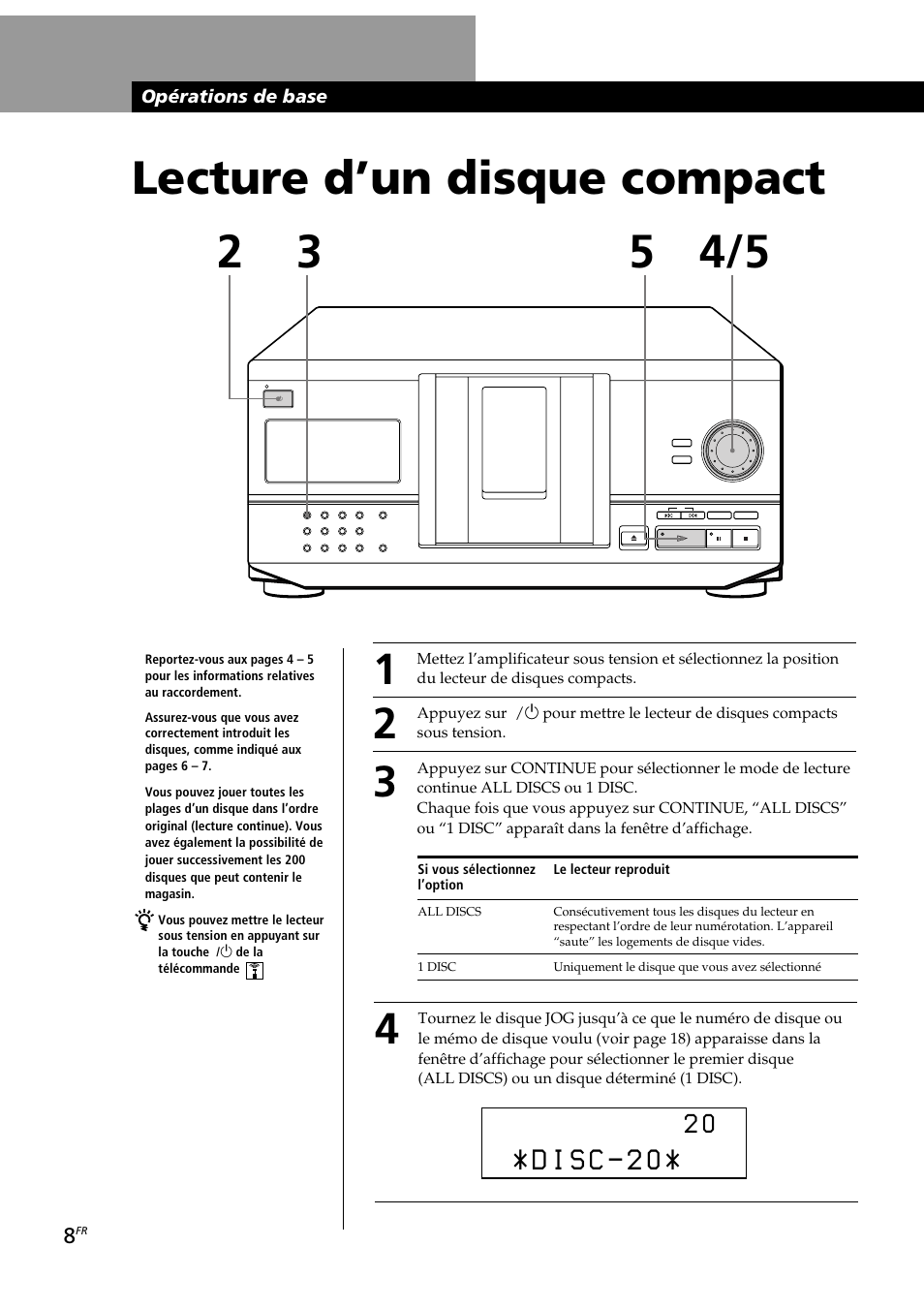 Lecture d’un disque compact, Opérations de base | Sony CDP-CX230 User Manual | Page 34 / 80