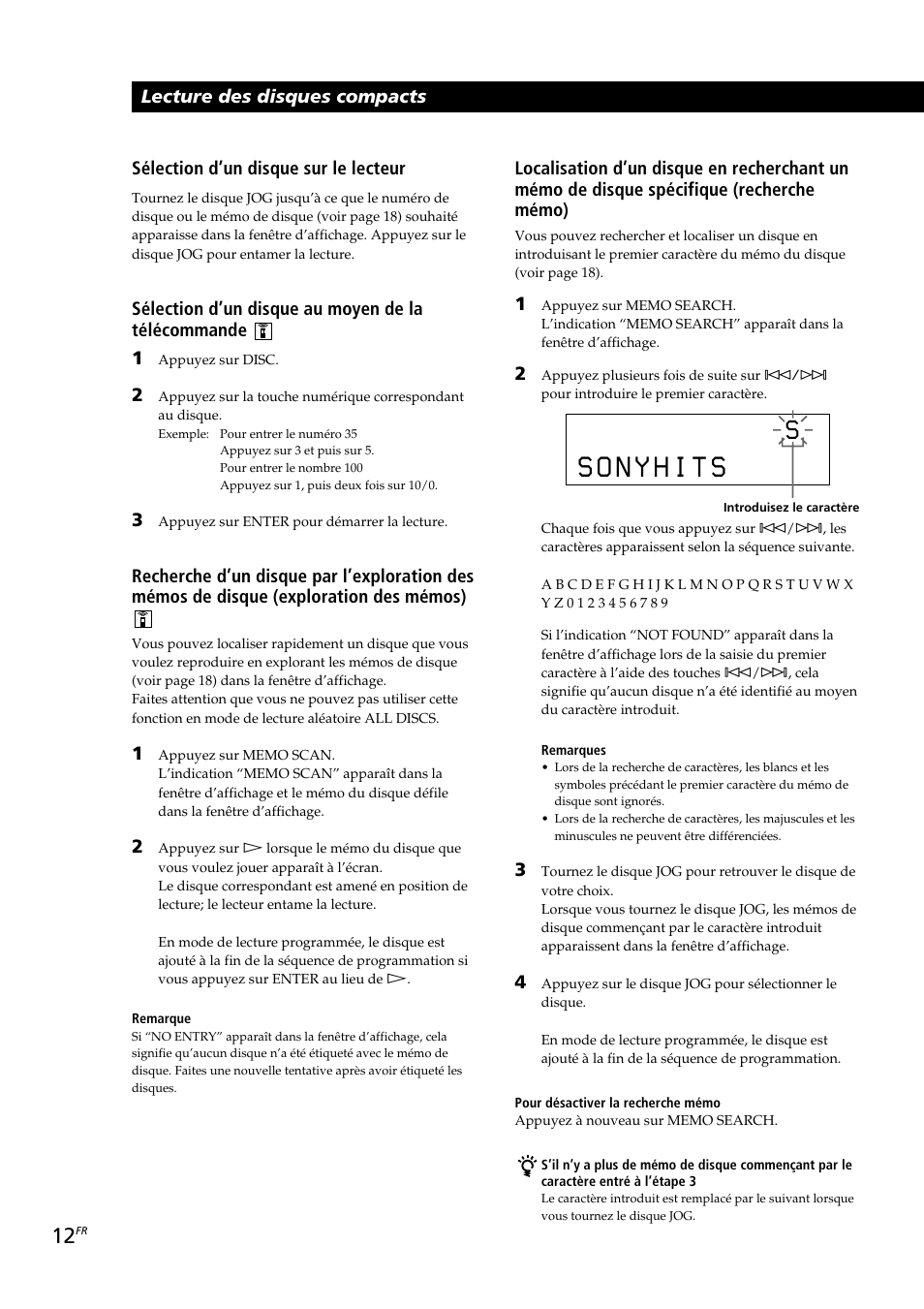 Lecture des disques compacts, Sélection d’un disque sur le lecteur | Sony CDP-CX230 User Manual | Page 38 / 80