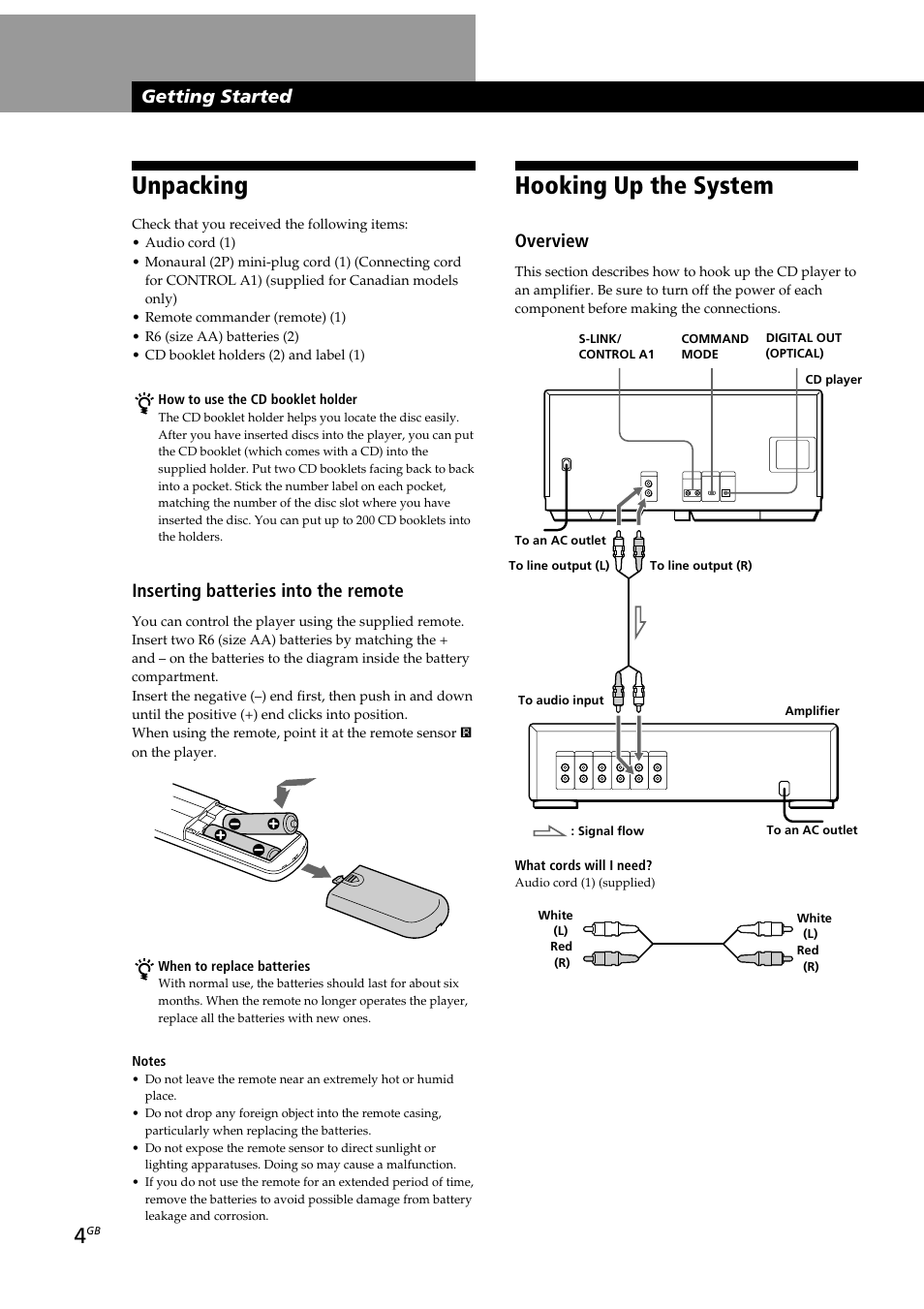 Hooking up the system, Unpacking, Getting started | Overview, Inserting batteries into the remote | Sony CDP-CX230 User Manual | Page 4 / 80