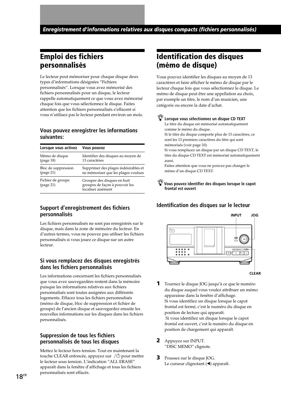 Emploi des fichiers personnalisés, Identification des disques (mémo de disque), Vous pouvez enregistrer les informations suivantes | Identification des disques sur le lecteur 1 | Sony CDP-CX230 User Manual | Page 44 / 80