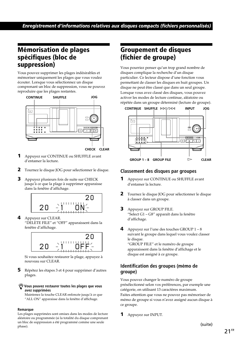 2 0 1 o f f, 2 0 1 o n, Groupement de disques (fichier de groupe) | Sony CDP-CX230 User Manual | Page 47 / 80