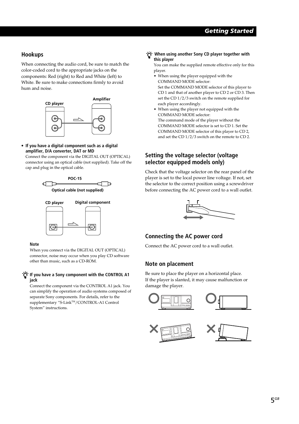 Playing cds getting started getting started, Hookups, Connecting the ac power cord | Sony CDP-CX230 User Manual | Page 5 / 80