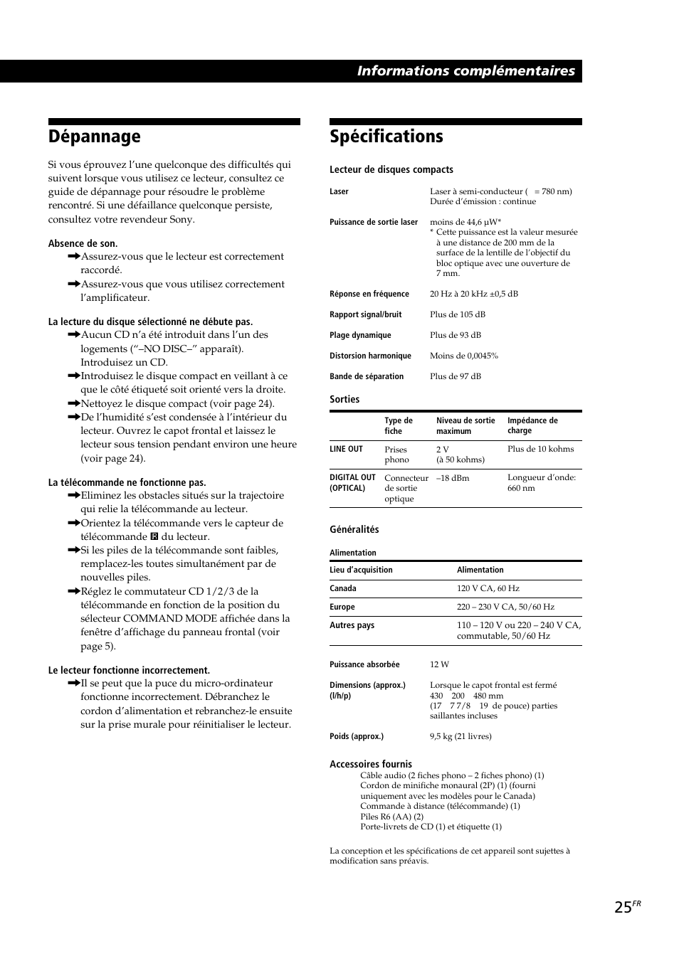 Spécifications, Dépannage, Informations complémentaires | Sony CDP-CX230 User Manual | Page 51 / 80