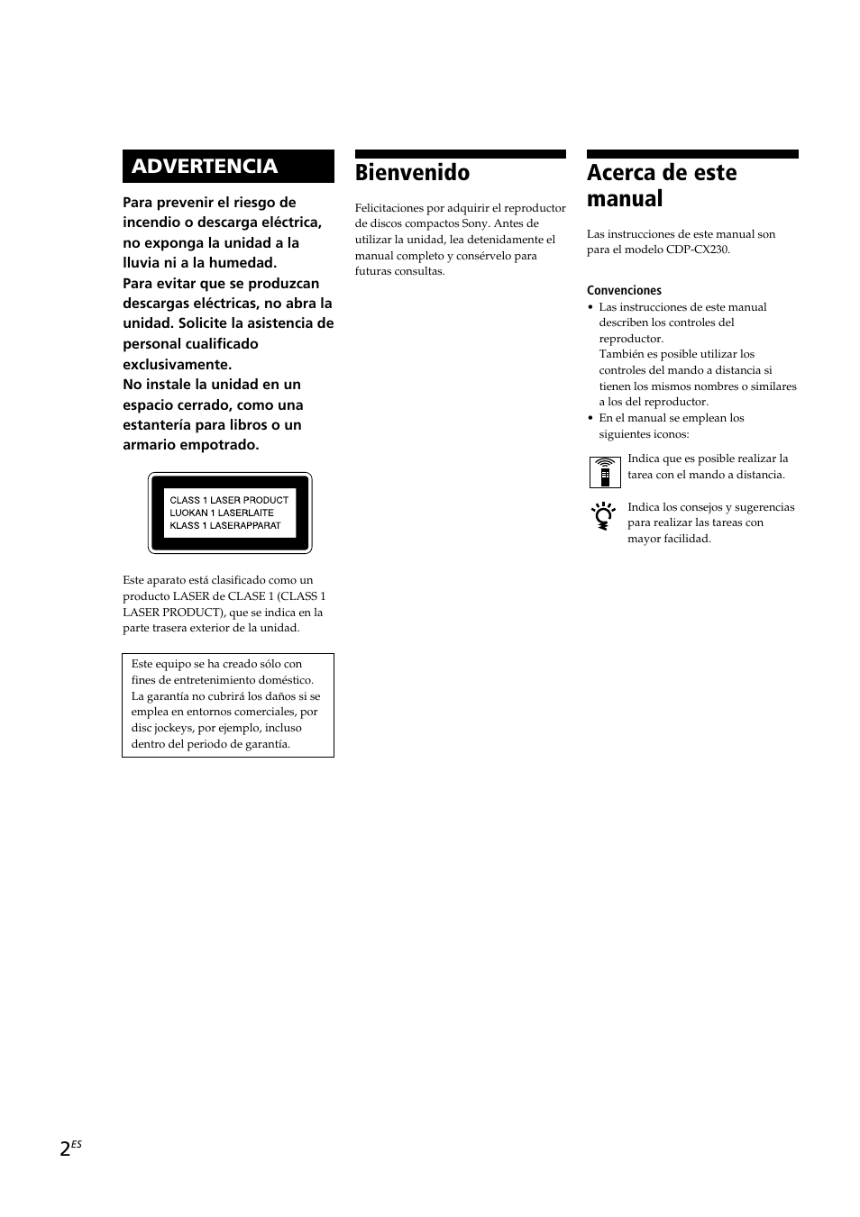 Bienvenido, Acerca de este manual, Advertencia | Sony CDP-CX230 User Manual | Page 54 / 80