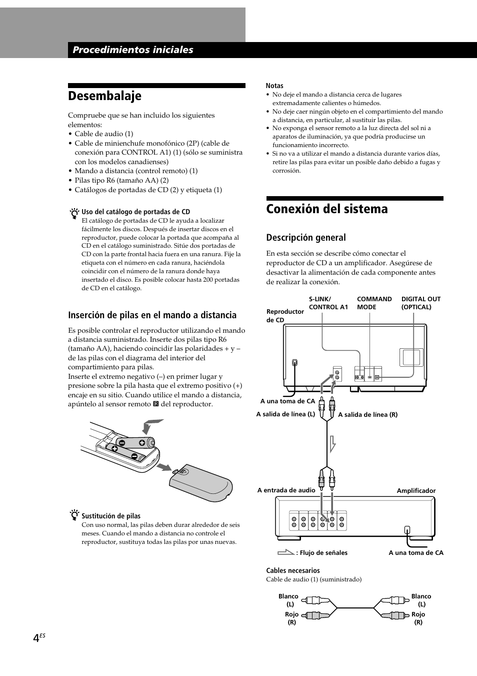 Conexión del sistema, Desembalaje, Procedimientos iniciales | Descripción general, Inserción de pilas en el mando a distancia | Sony CDP-CX230 User Manual | Page 56 / 80