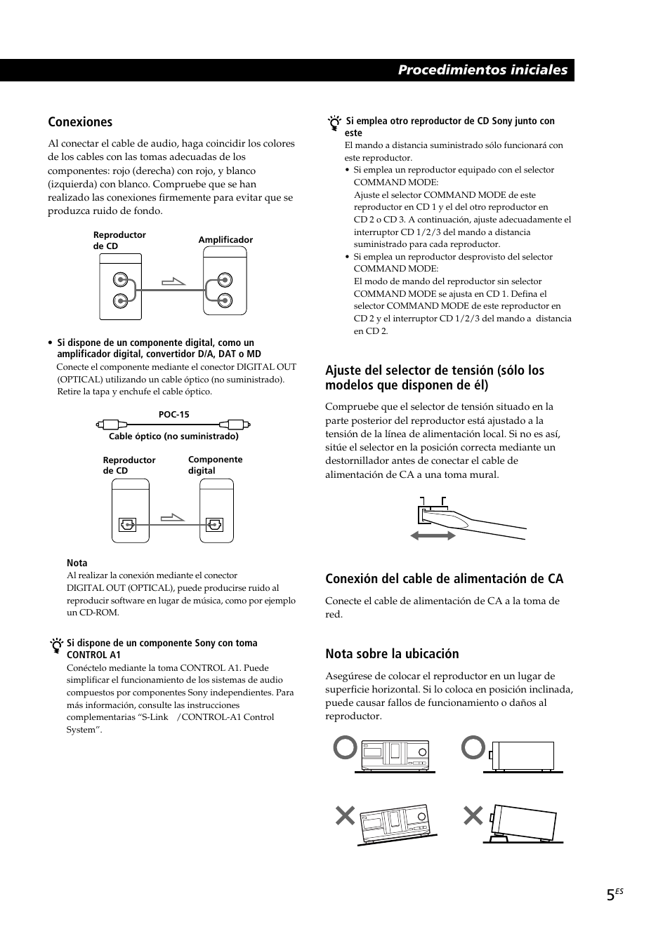 Conexiones, Conexión del cable de alimentación de ca, Nota sobre la ubicación | Sony CDP-CX230 User Manual | Page 57 / 80