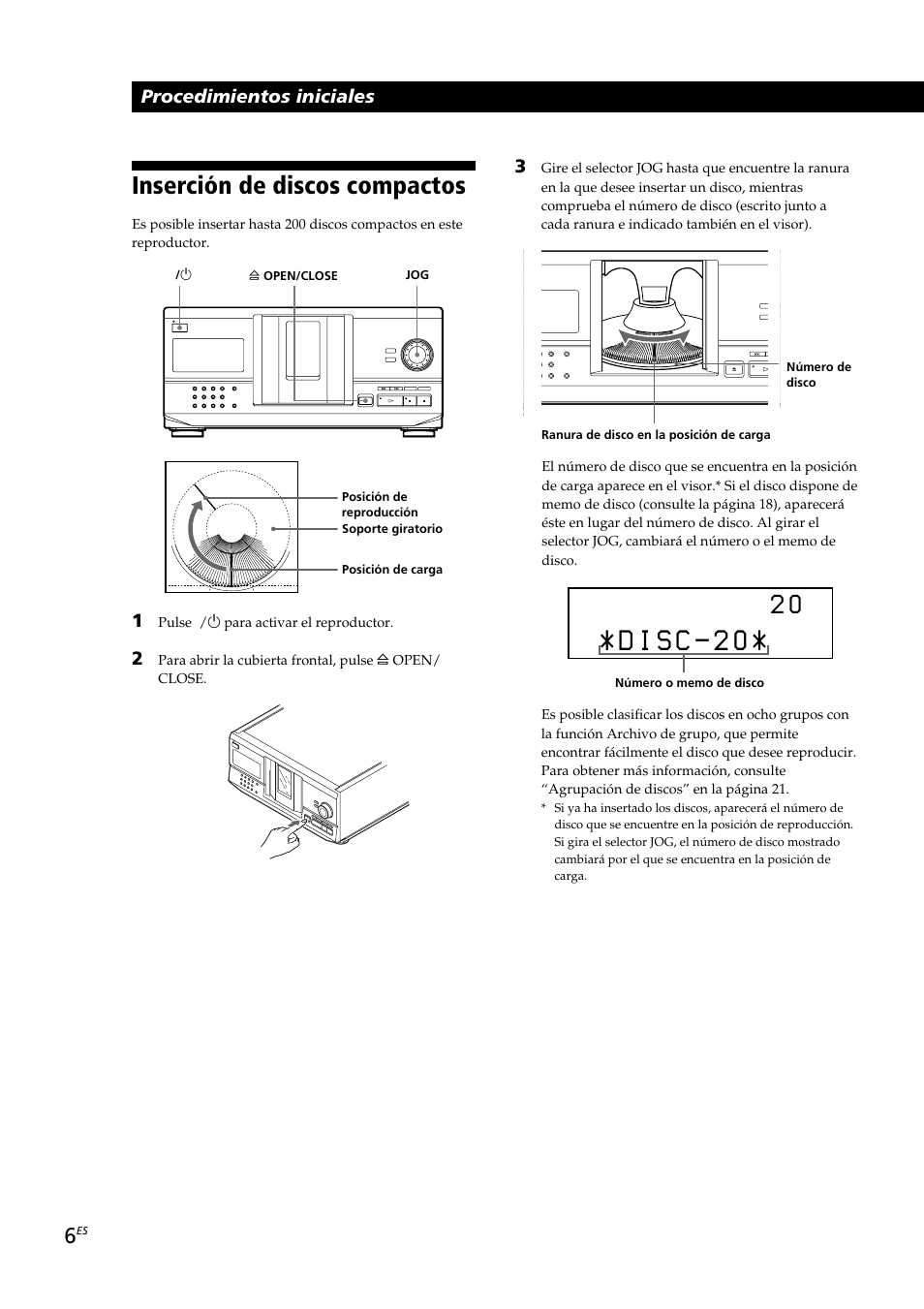 Inserción de discos compactos, Procedimientos iniciales | Sony CDP-CX230 User Manual | Page 58 / 80